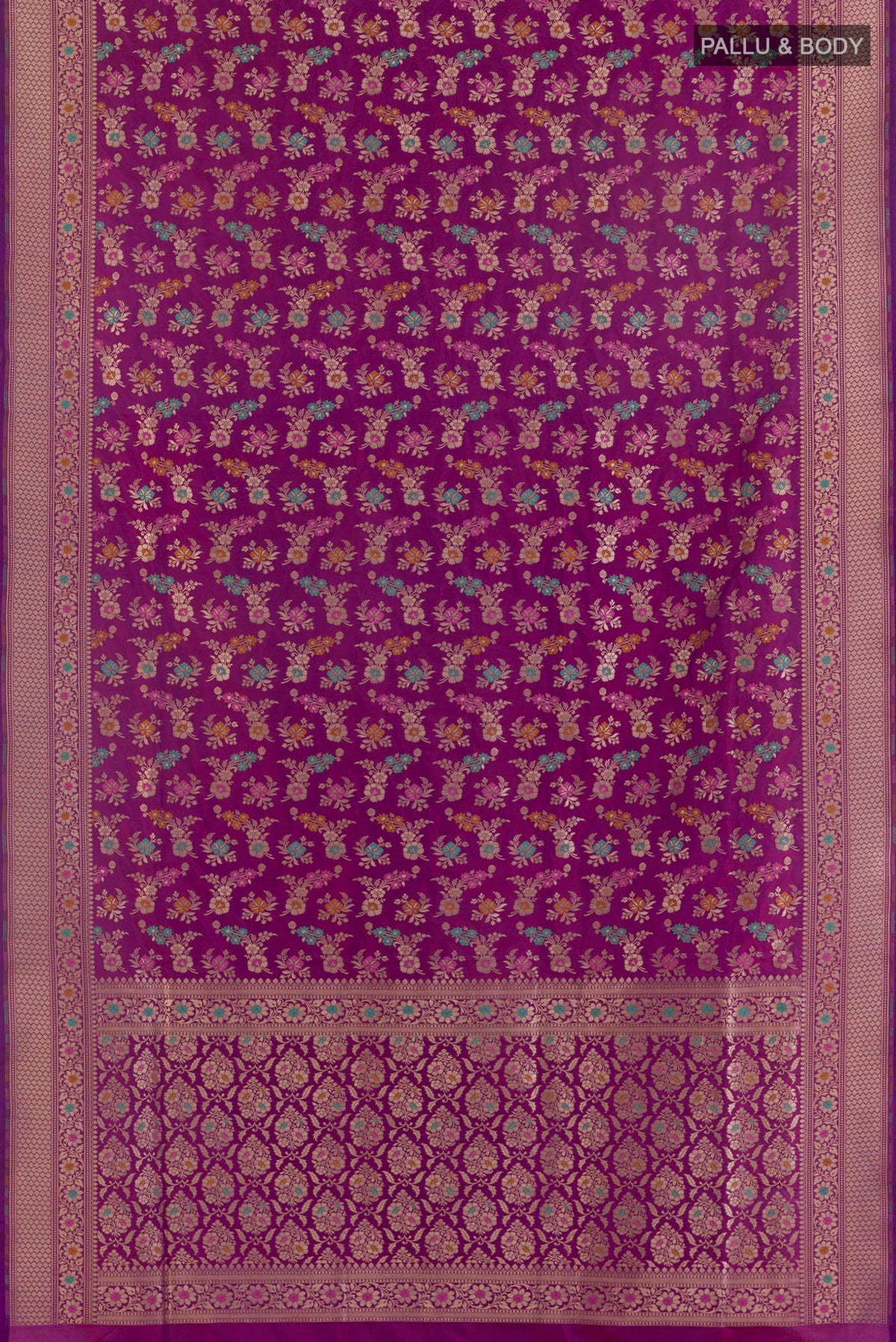 Flat view of Pure Silk Purple Banarasi Saree with Zari Brocade on the body and Zari Border. 
