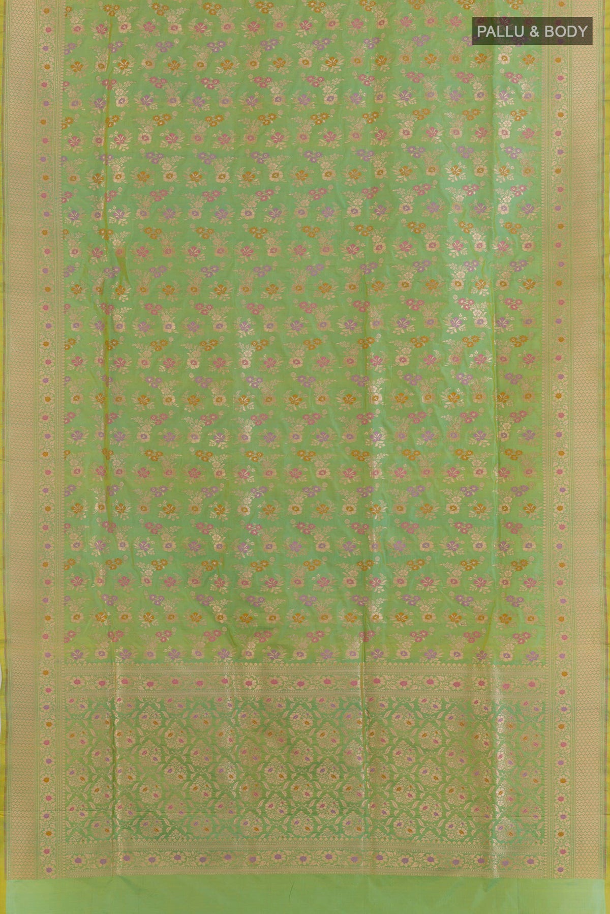 Flat view of Pure Silk Green Banarasi Saree with Zari Butta on the body and Zari Border. 