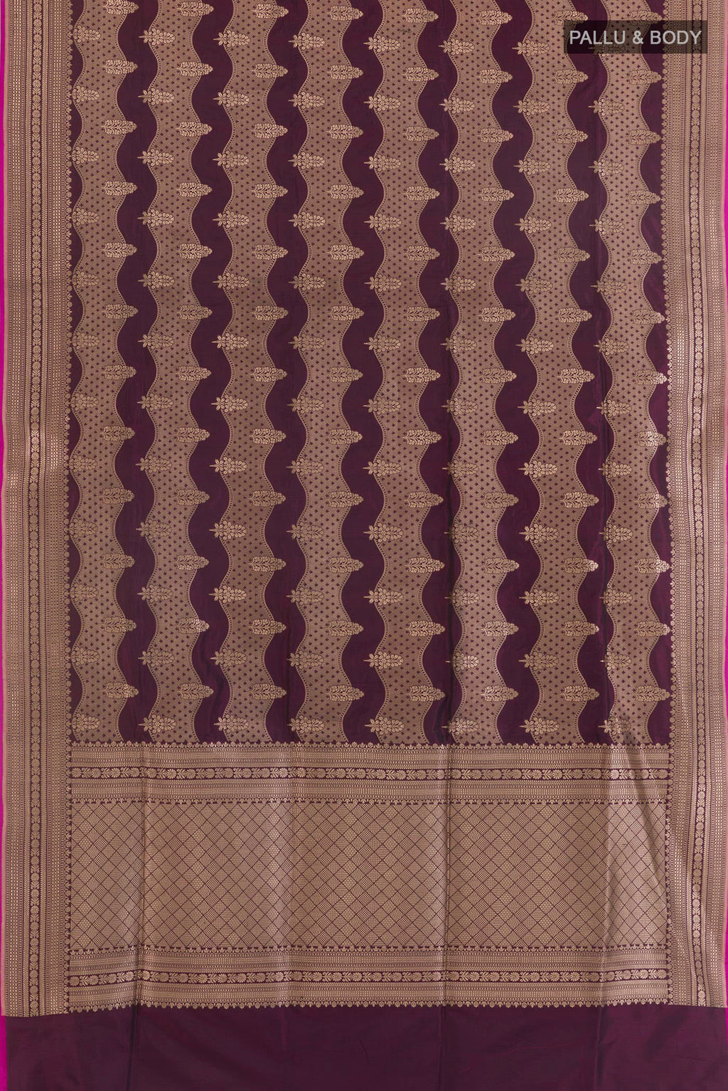 Flat view of Pure Silk Burgundy Banarasi Saree with Zari Brocade on the body and Zari Border. 