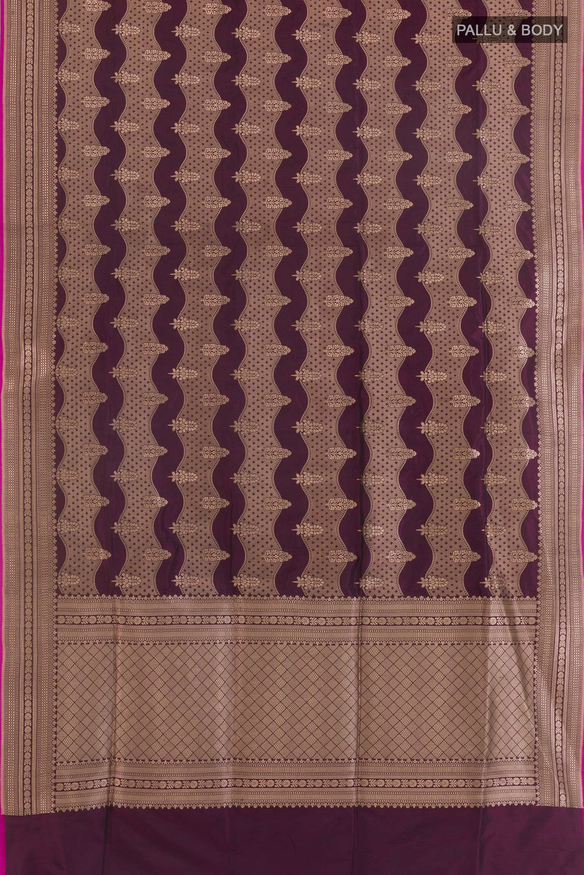Flat view of Pure Silk Burgundy Banarasi Saree with Zari Brocade on the body and Zari Border. 