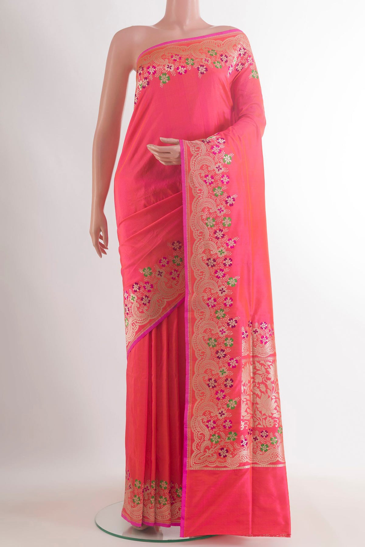 Pure Silk Pink Dual Tone Banarasi Saree with Plain Body and Zari Border.  displayed on a mannequin