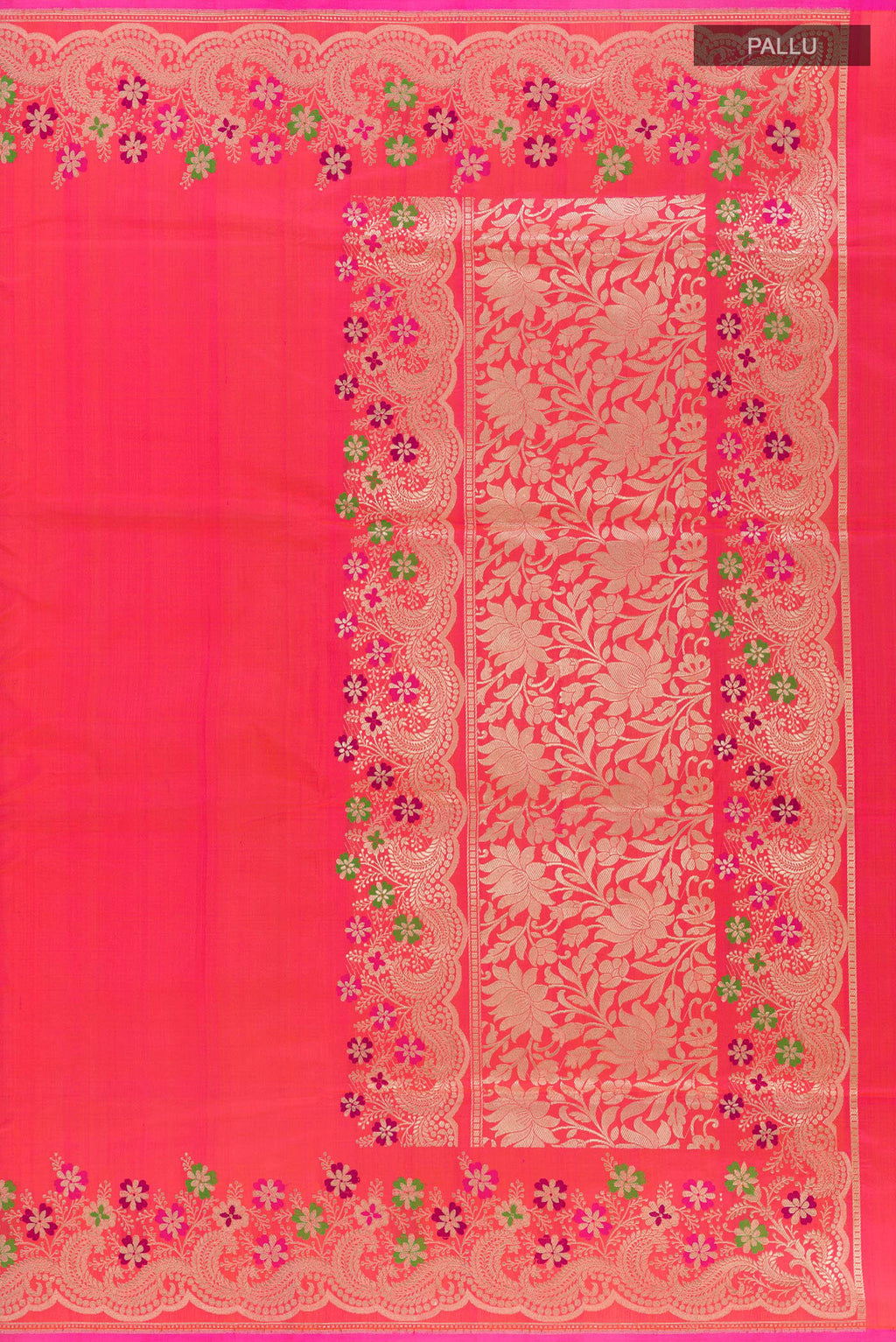 Close up image of the pallu of Pure Silk Pink Dual Tone Banarasi Saree with Plain Body and Zari Border. 
