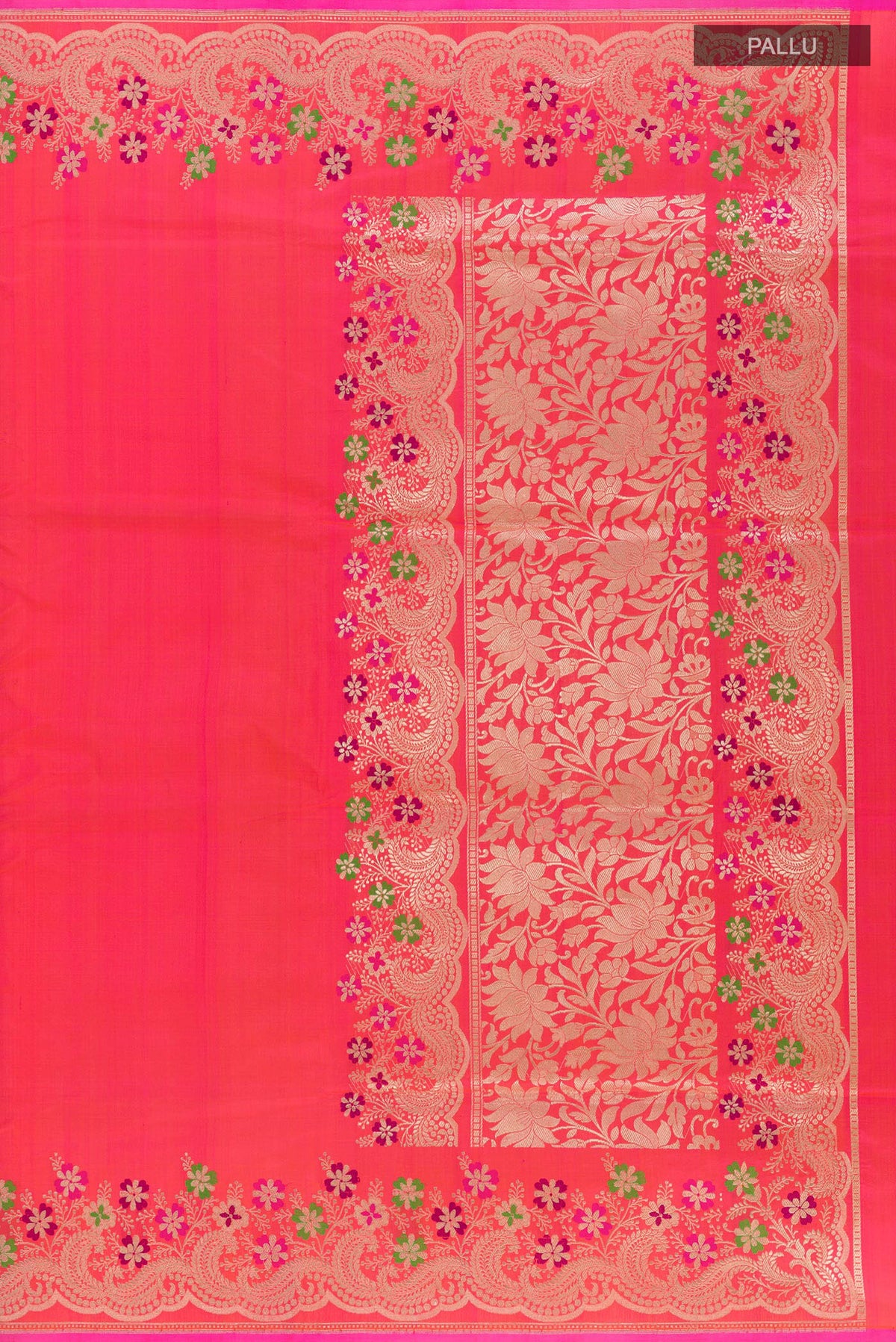 Close up image of the pallu of Pure Silk Pink Dual Tone Banarasi Saree with Plain Body and Zari Border. 