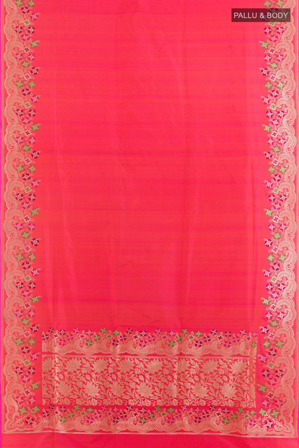 Flat view of Pure Silk Pink Dual Tone Banarasi Saree with Plain Body and Zari Border. 