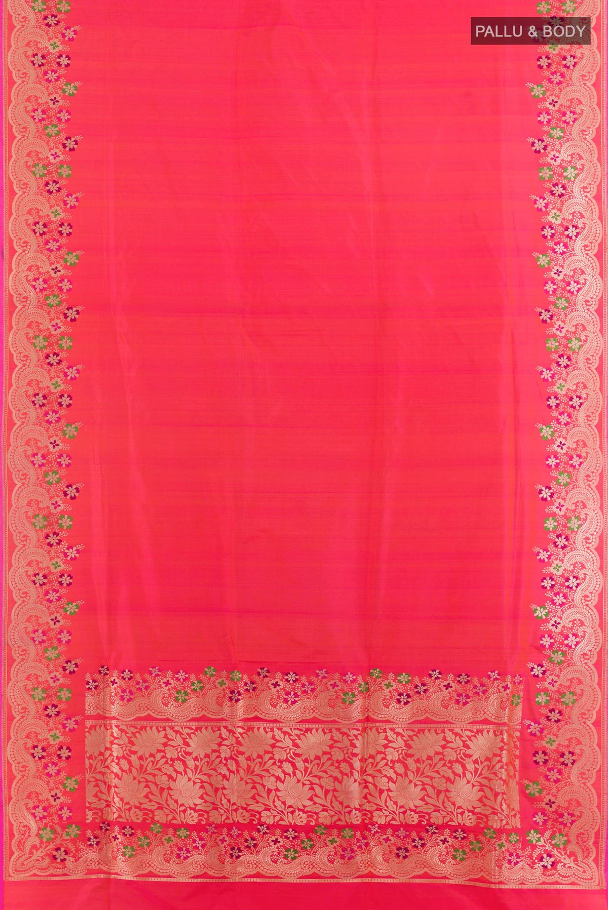 Flat view of Pure Silk Pink Dual Tone Banarasi Saree with Plain Body and Zari Border. 