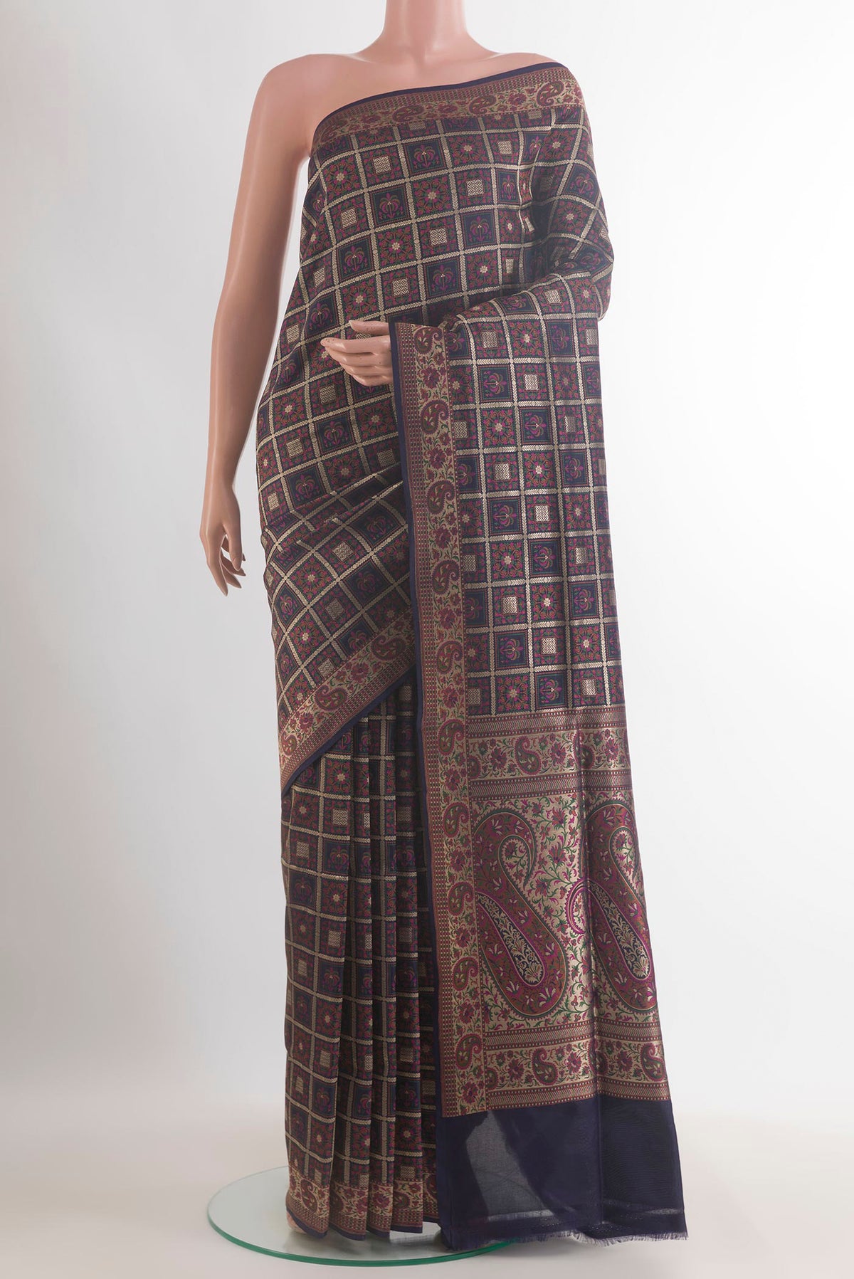 Pure Silk Navy Blue Banarasi Jamavar Saree with Jamdani on the body and Zari Border.  displayed on a mannequin