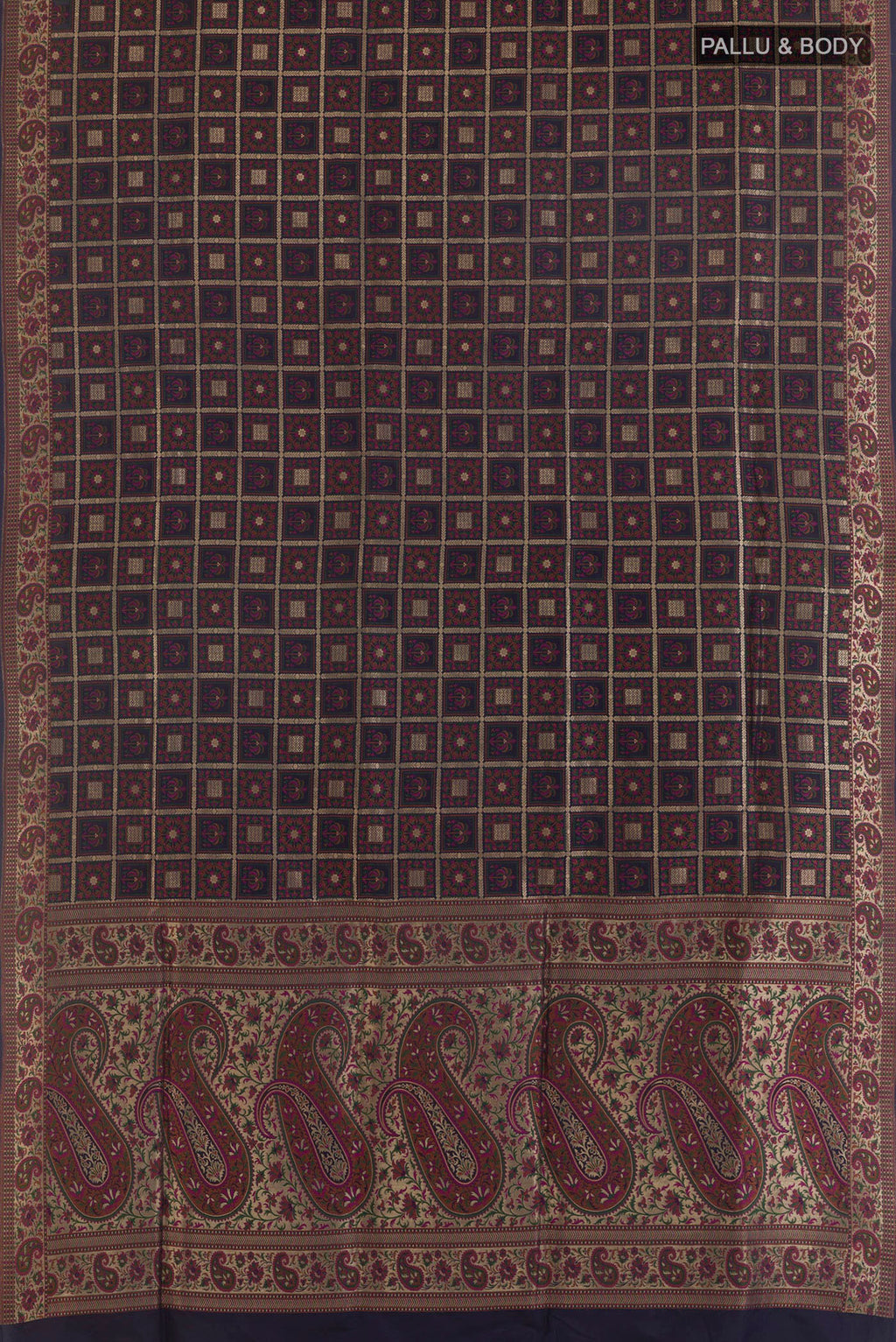 Flat view of Pure Silk Navy Blue Banarasi Jamavar Saree with Jamdani on the body and Zari Border. 