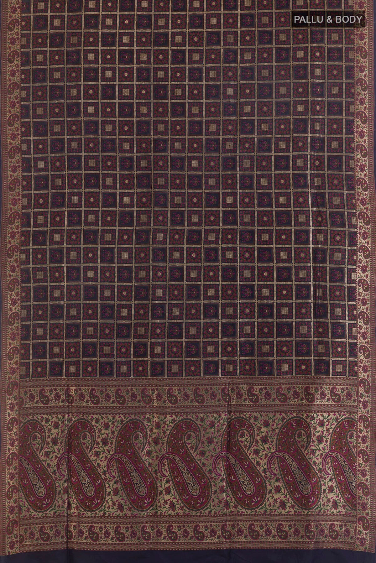 Flat view of Pure Silk Navy Blue Banarasi Jamavar Saree with Jamdani on the body and Zari Border. 