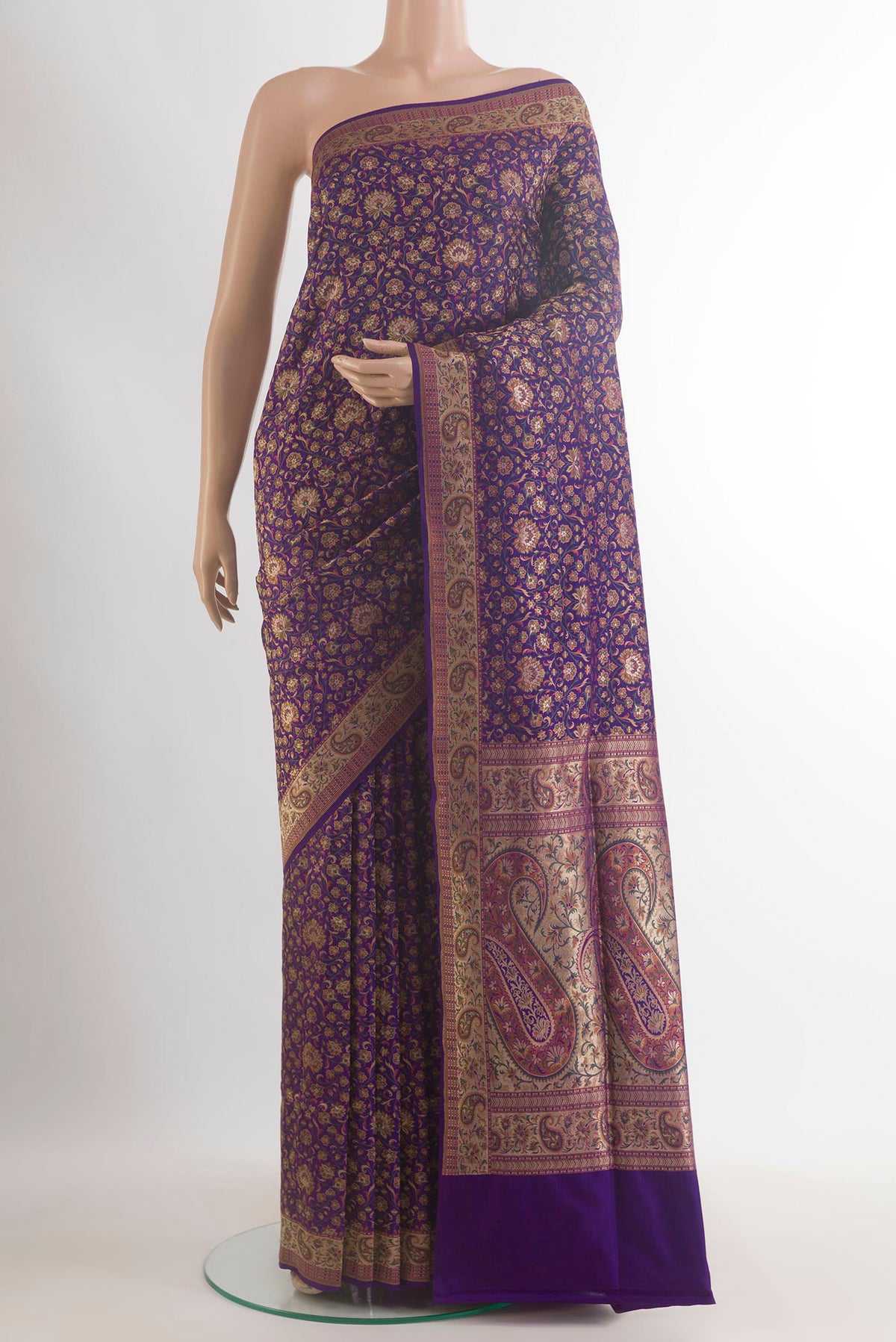 Pure Silk Violet Dual Tone Banarasi Jamavar Saree with Jamdani on the body and Zari Border.  displayed on a mannequin