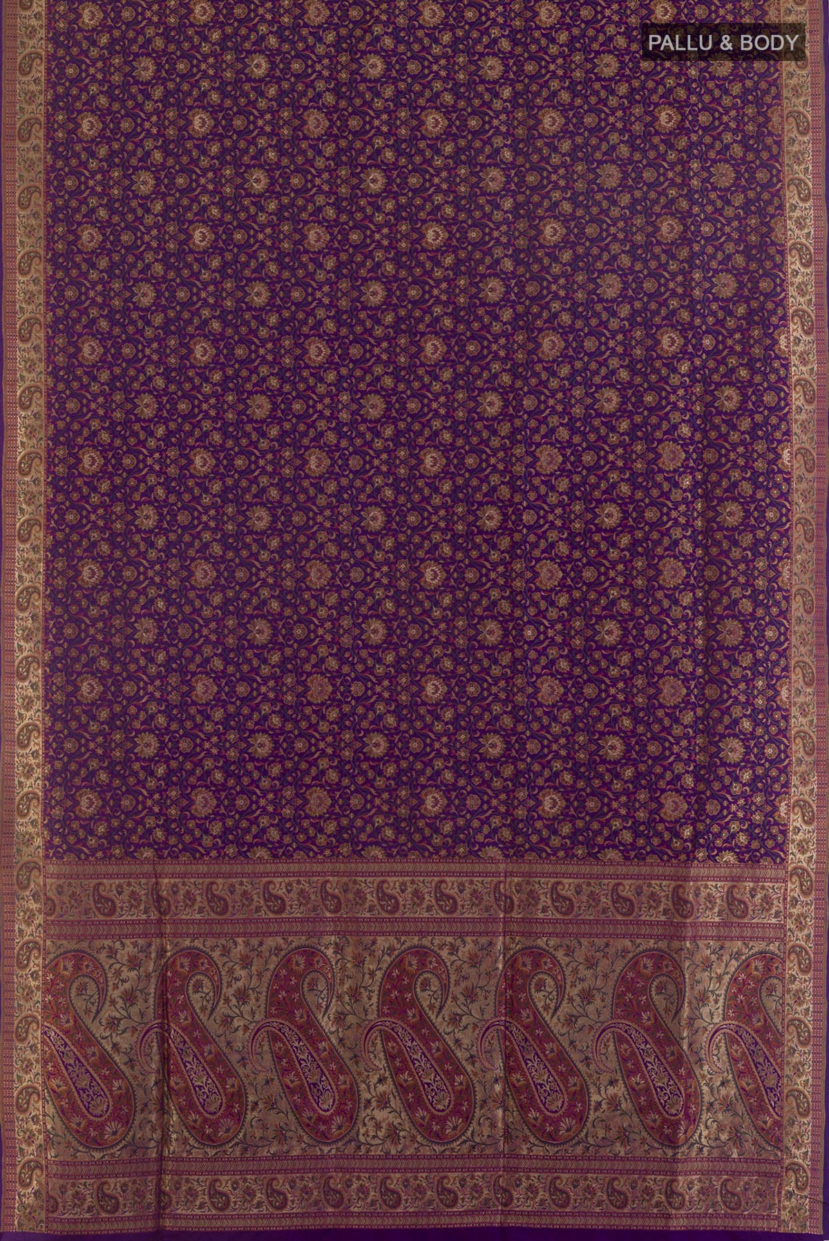 Flat view of Pure Silk Violet Dual Tone Banarasi Jamavar Saree with Jamdani on the body and Zari Border. 