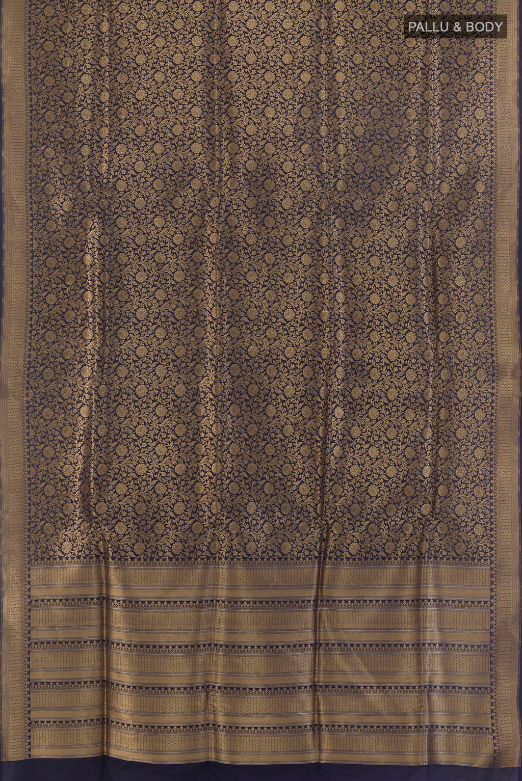 Flat view of Pure Silk Navy Blue Banarasi Saree with Zari Brocade on the body and Zari Border. 