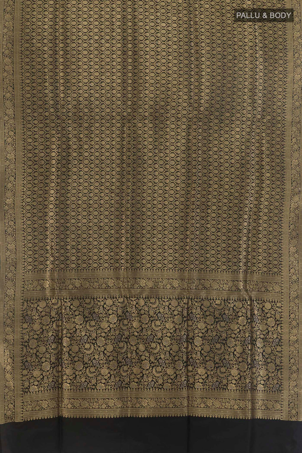 Flat view of Pure Silk Black Banarasi Saree with Zari Brocade on the body and Zari Border. 