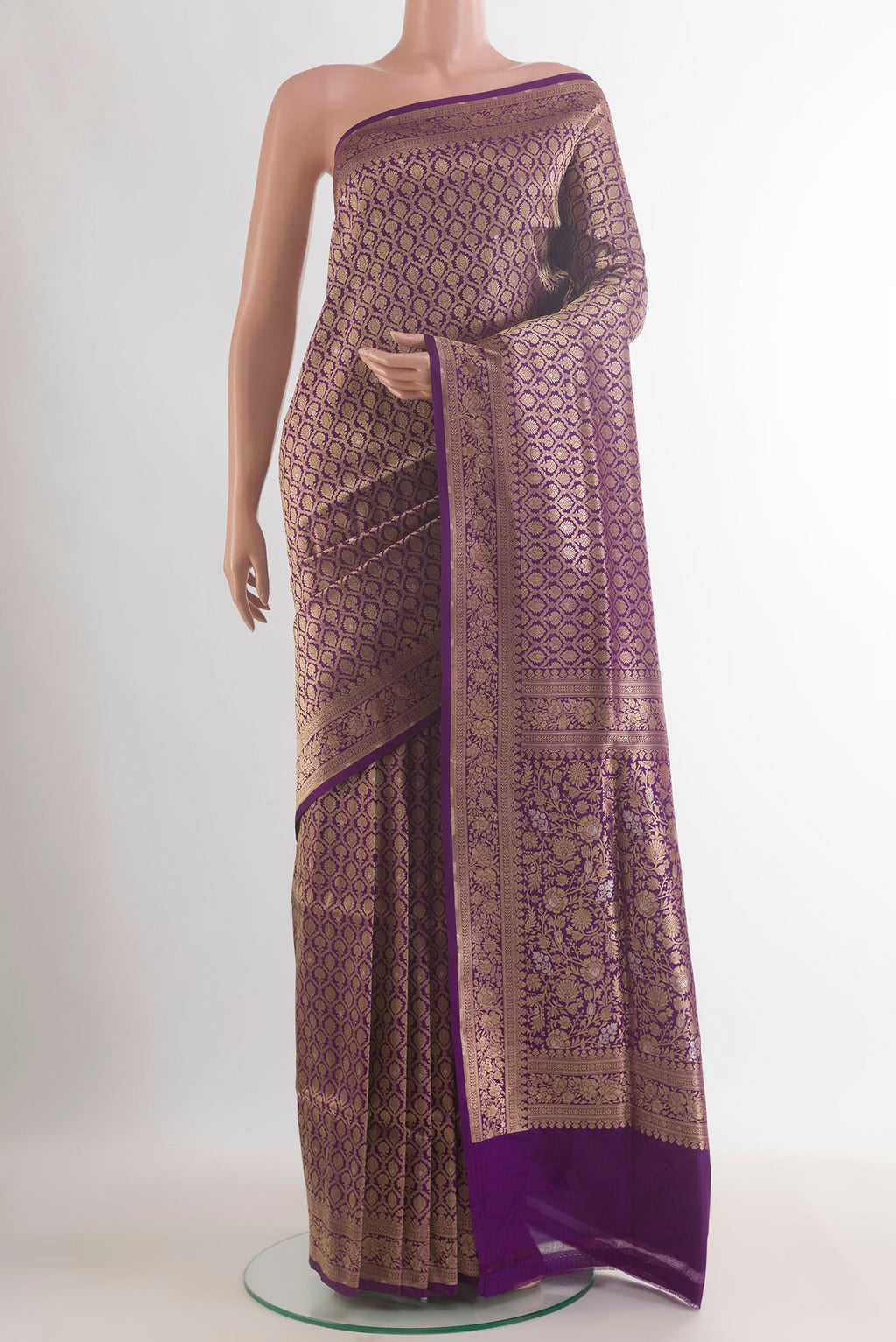 Pure Silk Purple Banarasi Saree with Zari Brocade on the body and Zari Border.  displayed on a mannequin