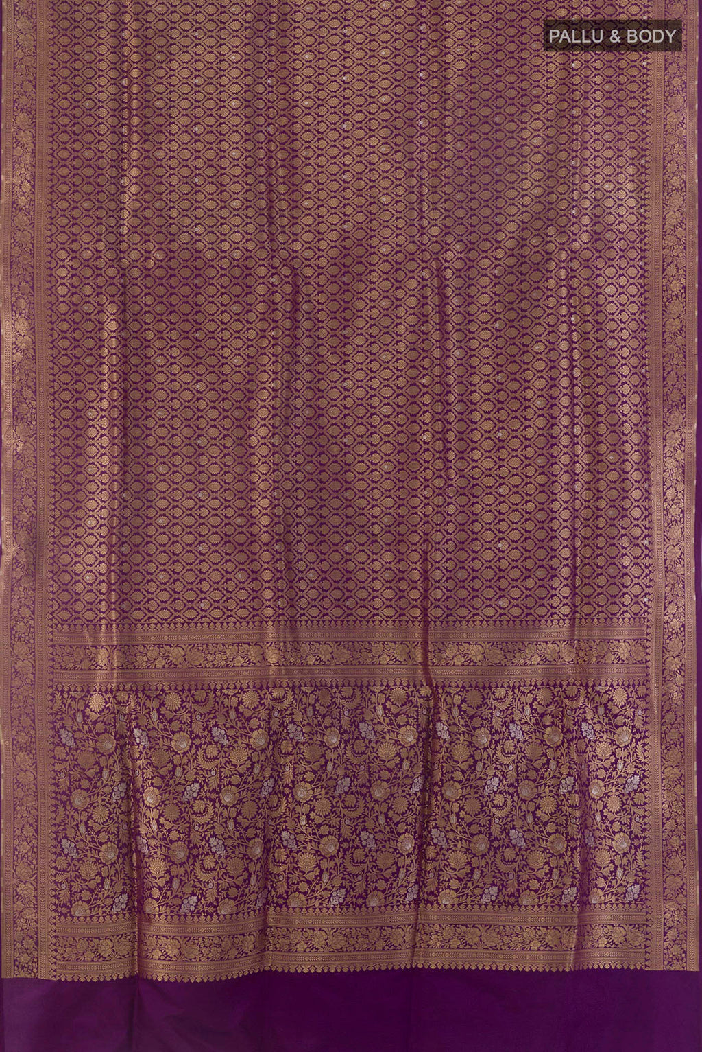 Flat view of Pure Silk Purple Banarasi Saree with Zari Brocade on the body and Zari Border. 