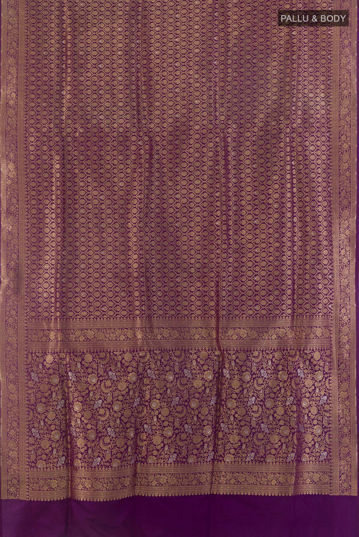 Flat view of Pure Silk Purple Banarasi Saree with Zari Brocade on the body and Zari Border. 
