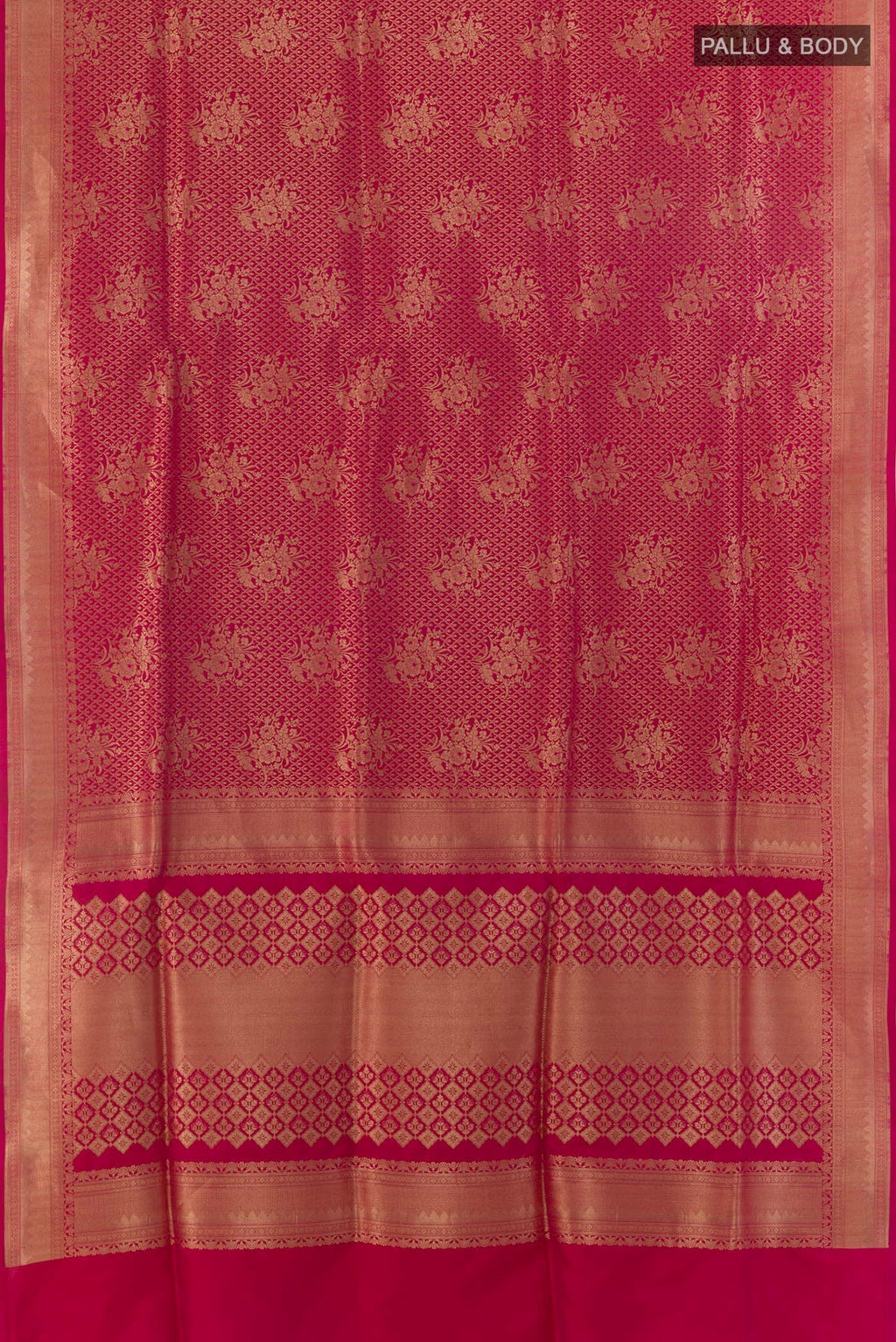 Flat view of Pure Silk Pink Banarasi Saree with Zari Brocade on the body and Zari Border. 