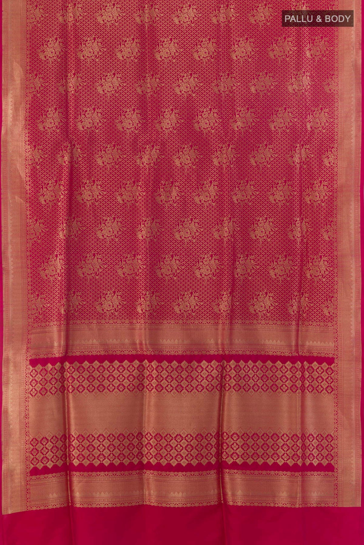 Flat view of Pure Silk Pink Banarasi Saree with Zari Brocade on the body and Zari Border. 