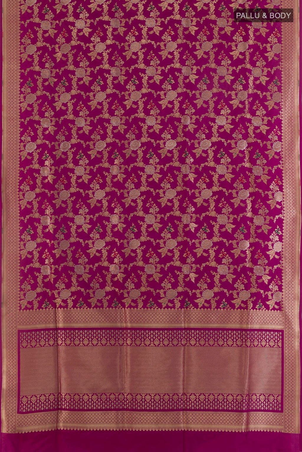 Flat view of Pure Silk Magenta Banarasi Saree with Zari Brocade on the body and Zari Border. 
