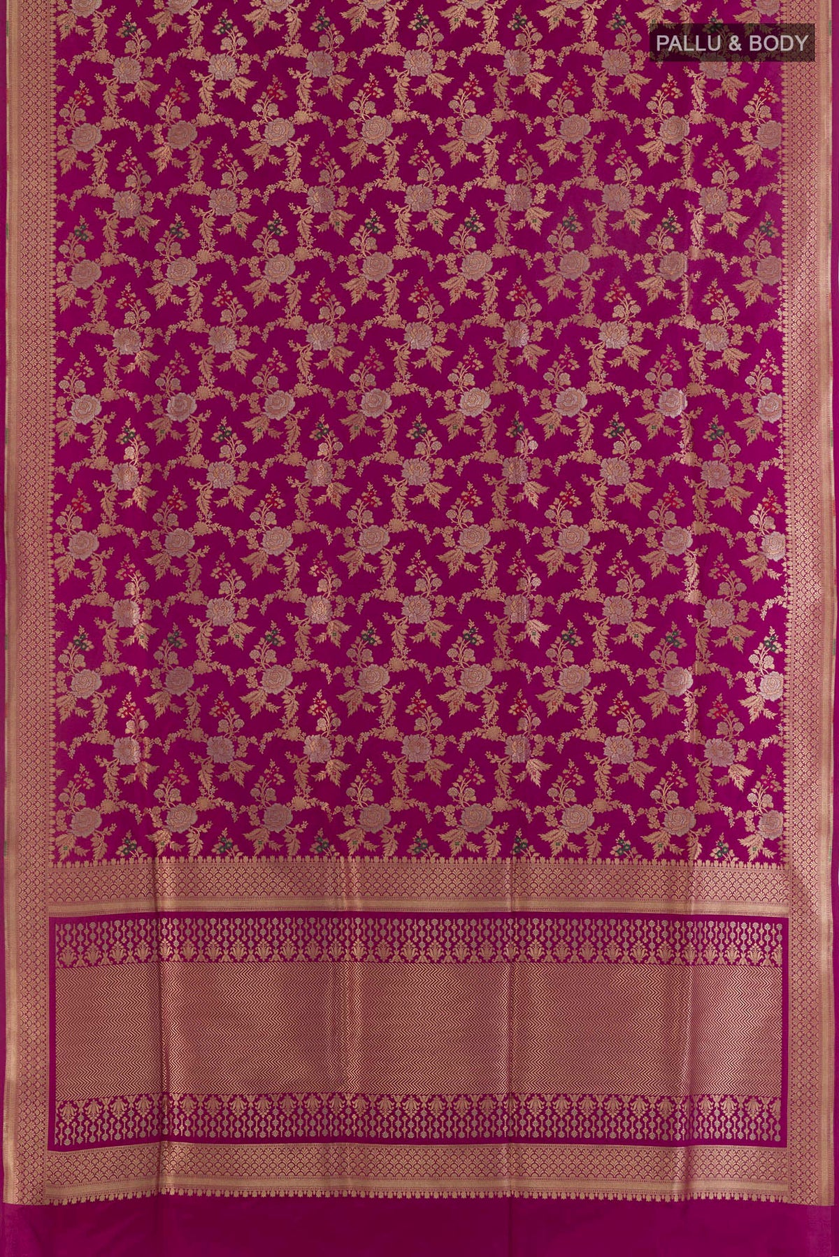 Flat view of Pure Silk Magenta Banarasi Saree with Zari Brocade on the body and Zari Border. 