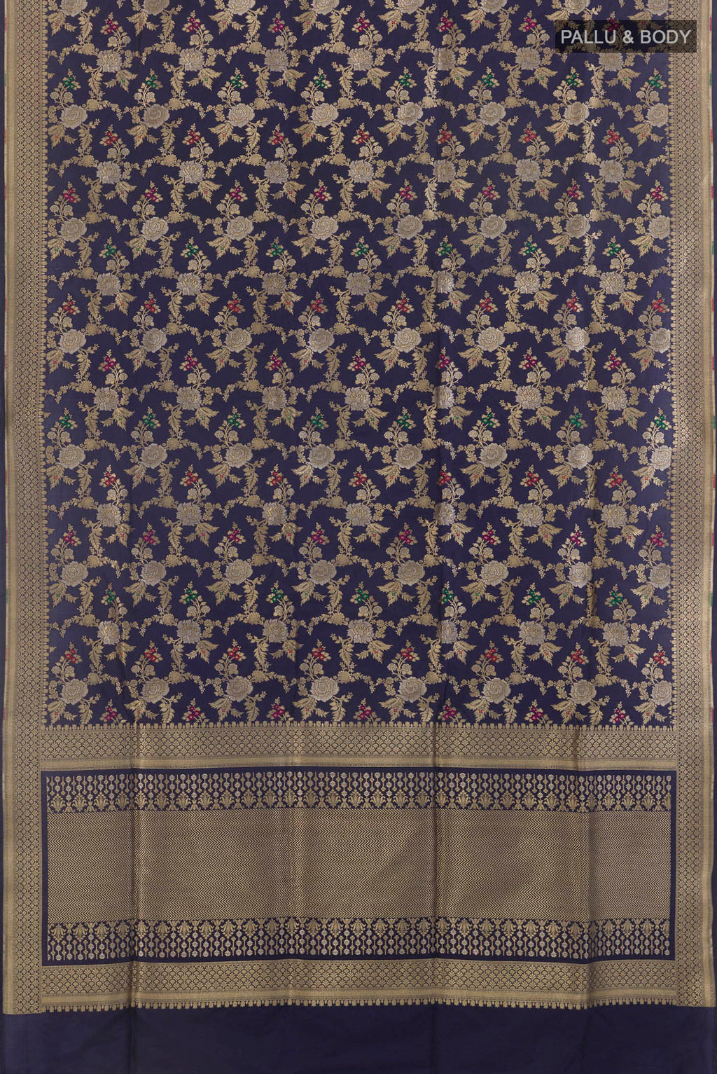 Flat view of Pure Silk Navy Blue Banarasi Saree with Zari Brocade on the body and Zari Border. 