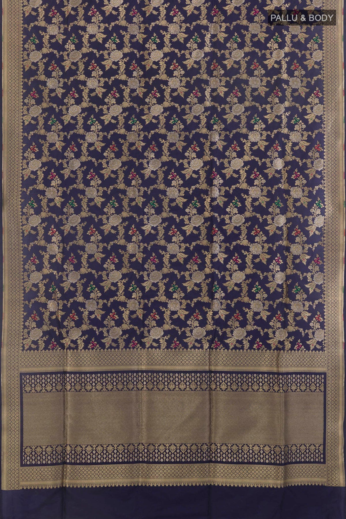 Flat view of Pure Silk Navy Blue Banarasi Saree with Zari Brocade on the body and Zari Border. 