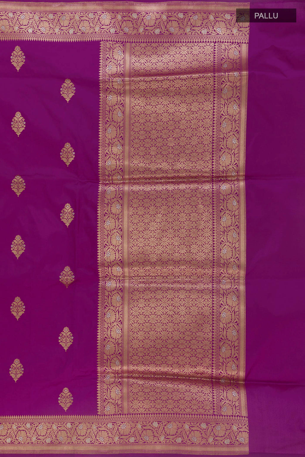Close up image of the pallu of Pure Silk Purple Banarasi Saree with Zari Butta on the body and Zari Border. 