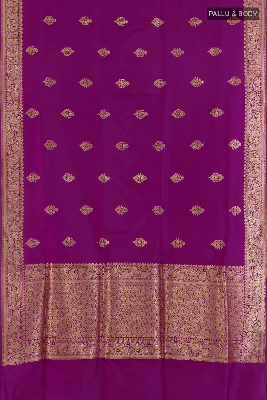 Flat view of Pure Silk Purple Banarasi Saree with Zari Butta on the body and Zari Border. 