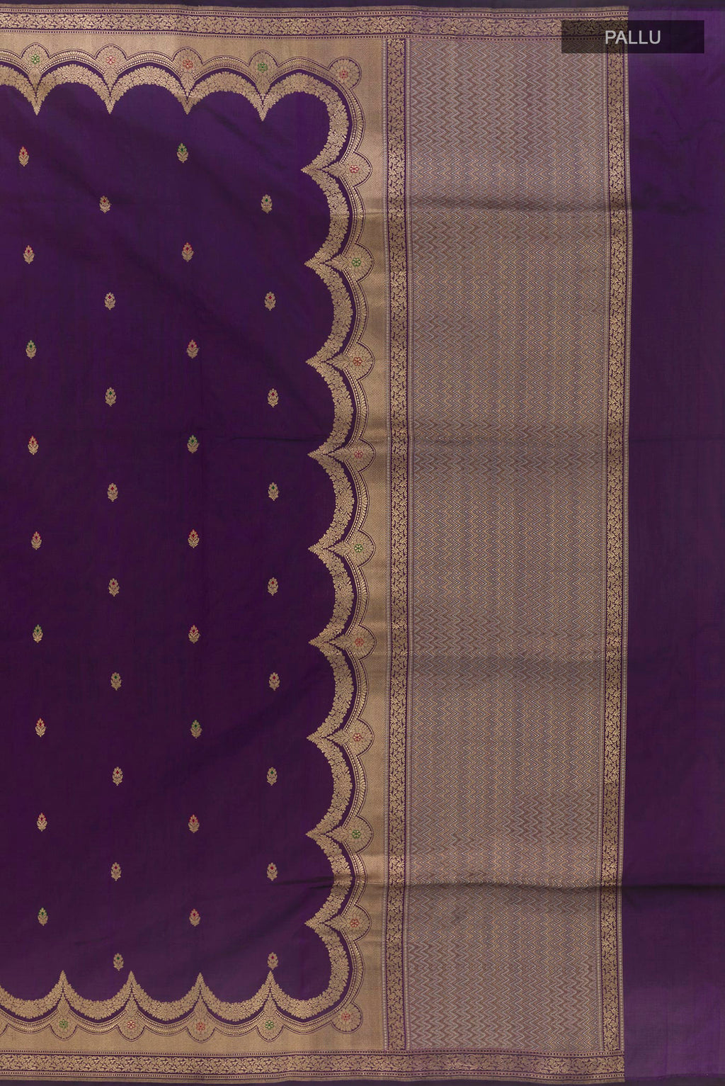 Close up image of the pallu of Pure Silk Violet Banarasi Saree with Zari Butta on the body and Zari Border. 