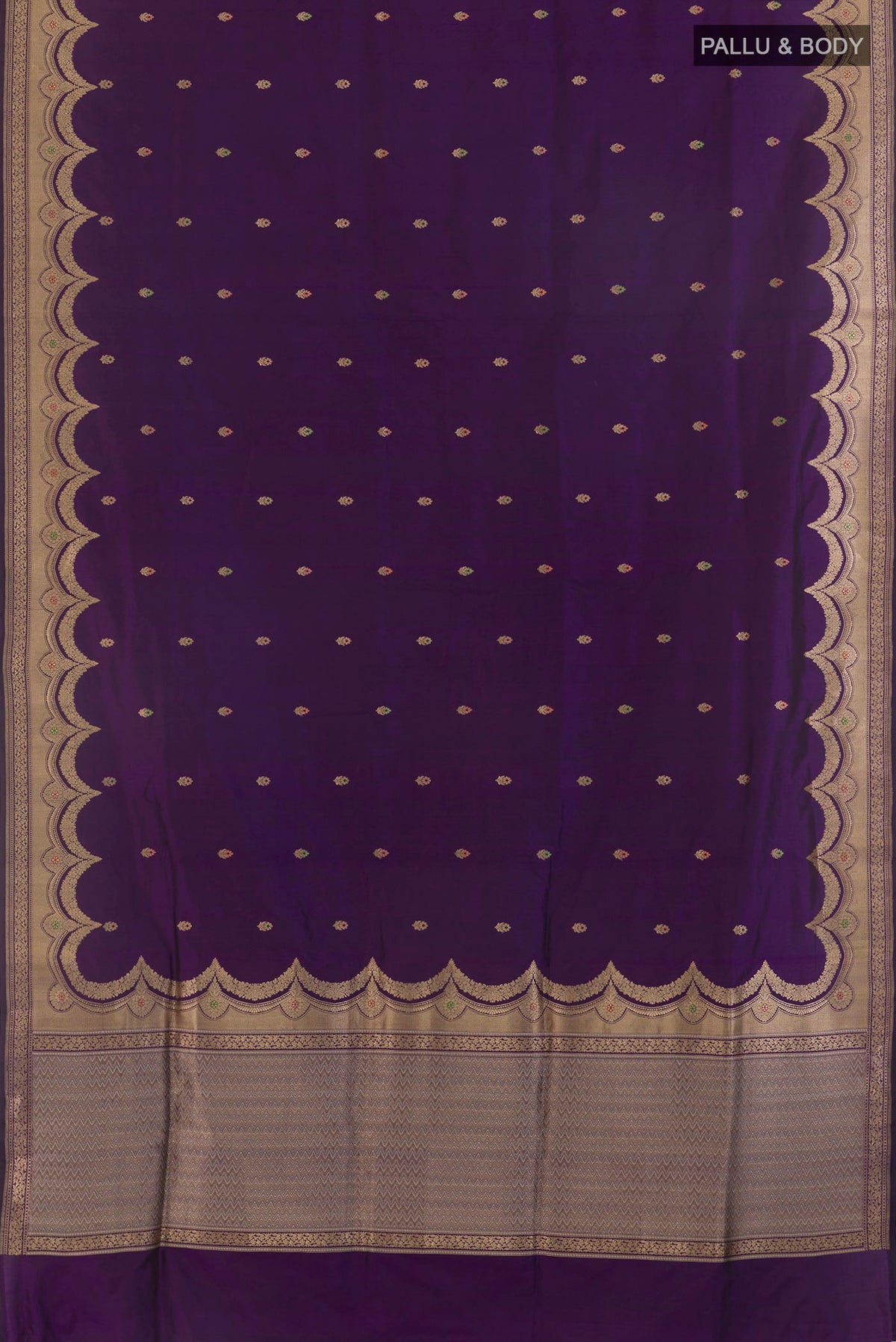 Flat view of Pure Silk Violet Banarasi Saree with Zari Butta on the body and Zari Border. 