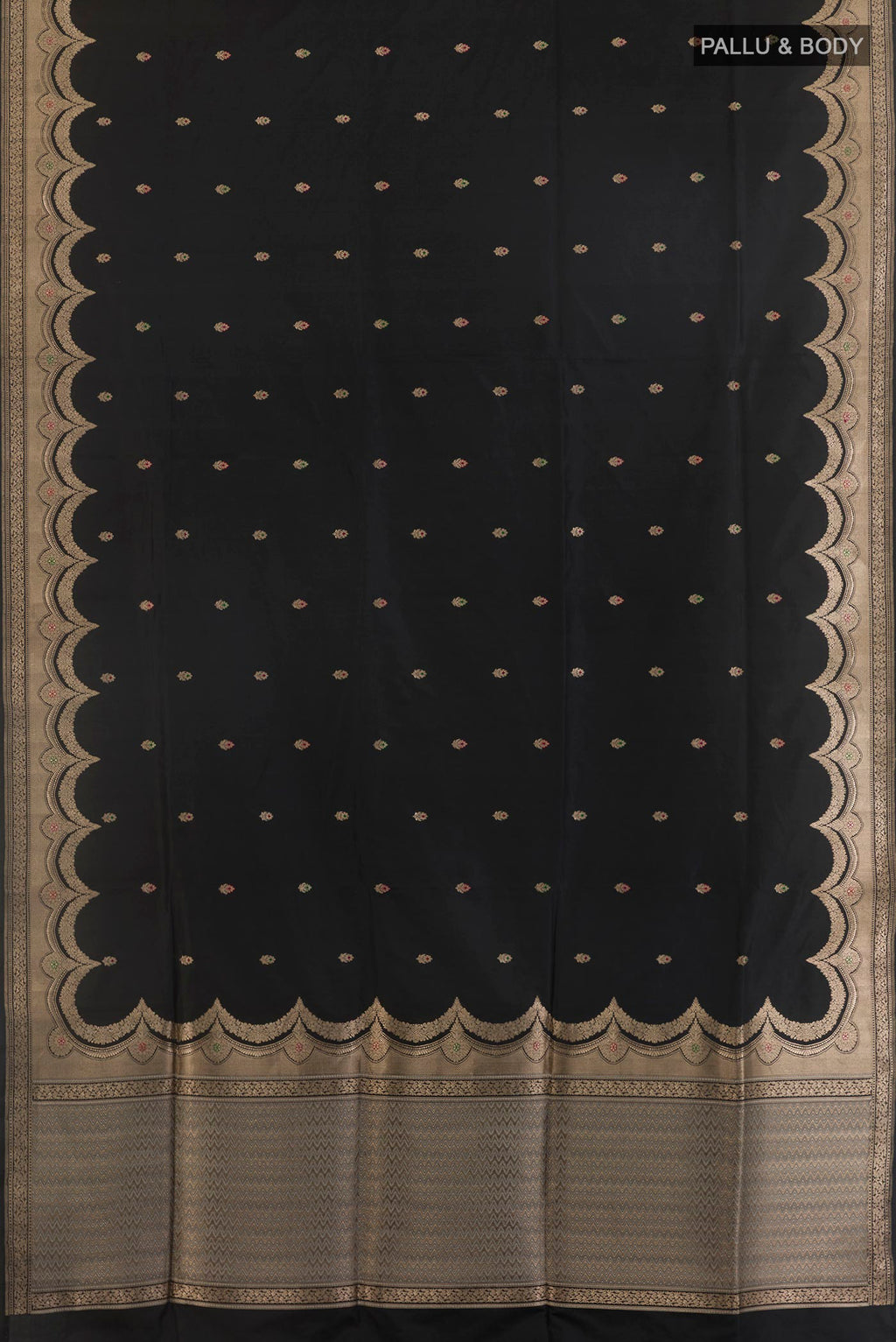Flat view of Pure Silk Black Banarasi Saree with Zari Butta on the body and Zari Border. 