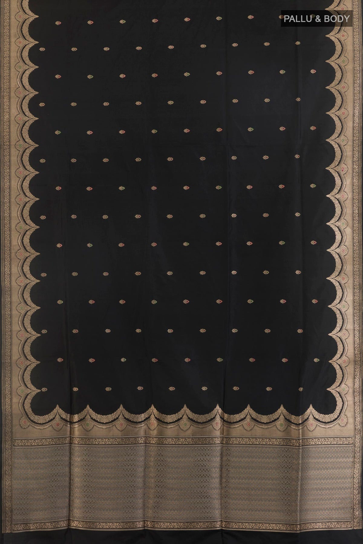 Flat view of Pure Silk Black Banarasi Saree with Zari Butta on the body and Zari Border. 