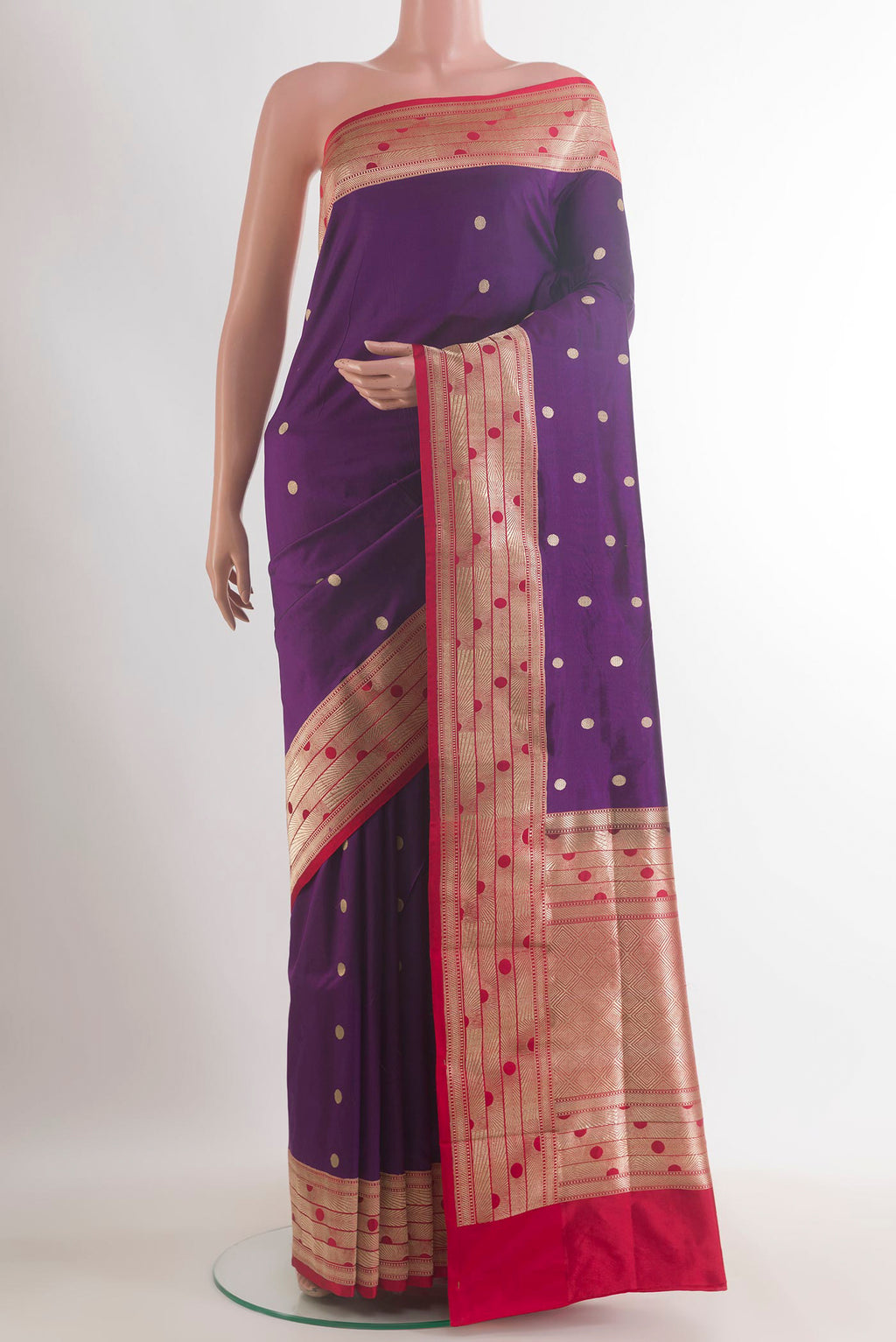 Pure Silk Purple Banarasi Katan Saree with Zari Butta on the body and Zari Border.  displayed on a mannequin