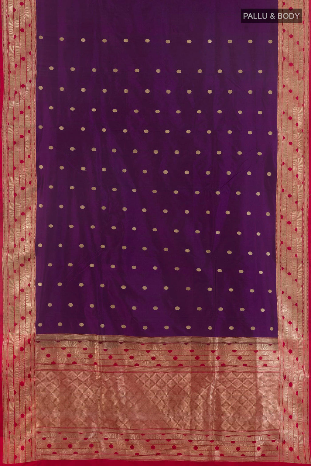 Flat view of Pure Silk Purple Banarasi Katan Saree with Zari Butta on the body and Zari Border. 