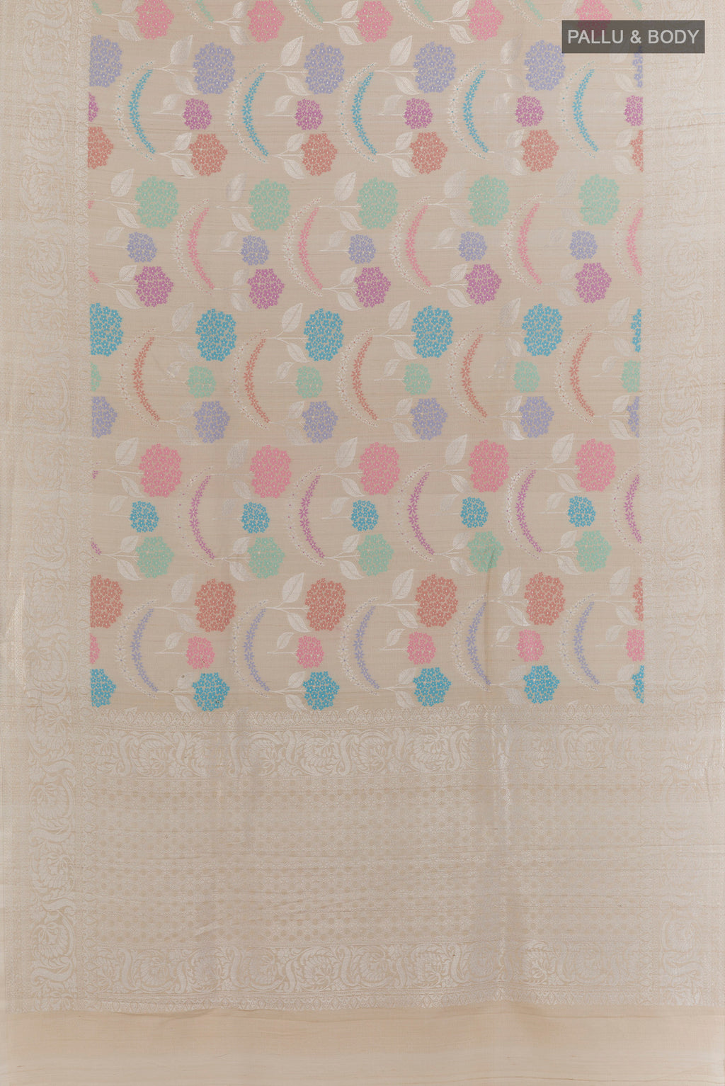 Flat view of Off White Tussar Saree with Zari Brocade on the body and Zari Border. 