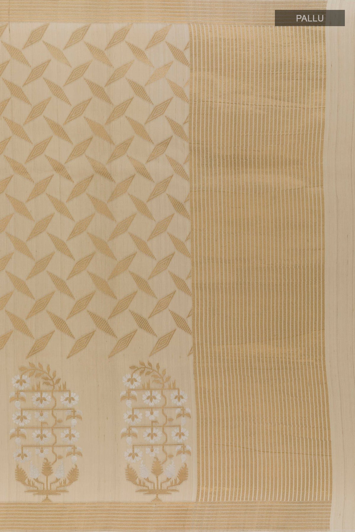 Close up image of the pallu of Beige Banarasi Tussar Saree with Zari Brocade on the body and Zari Border. 
