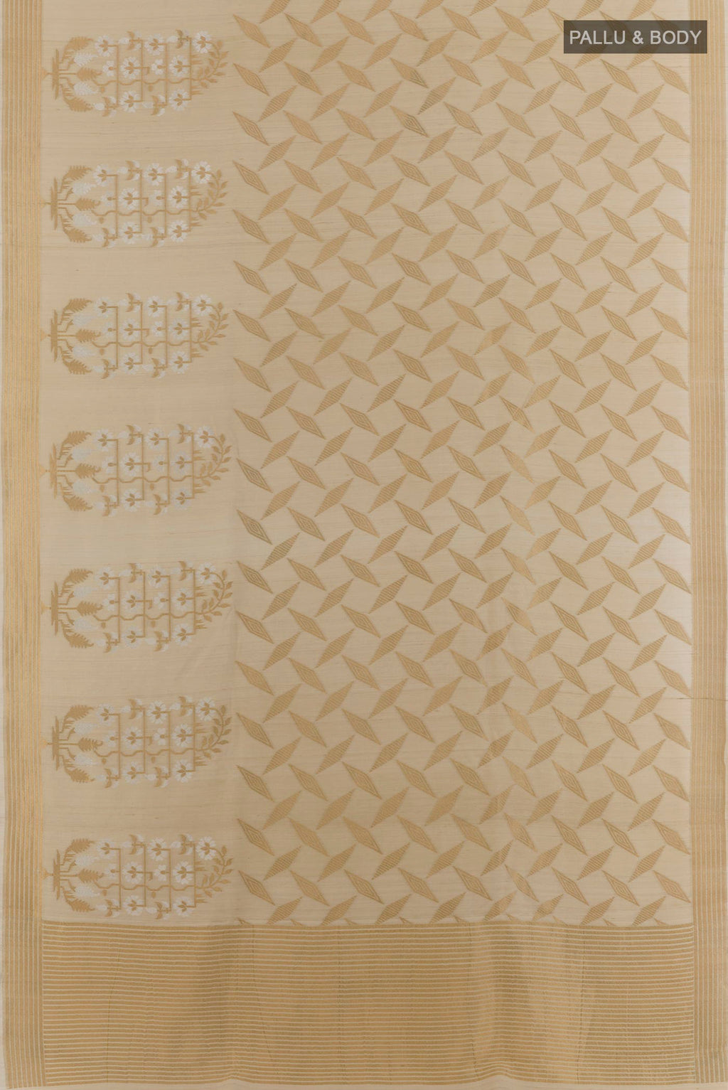 Flat view of Beige Banarasi Tussar Saree with Zari Brocade on the body and Zari Border. 