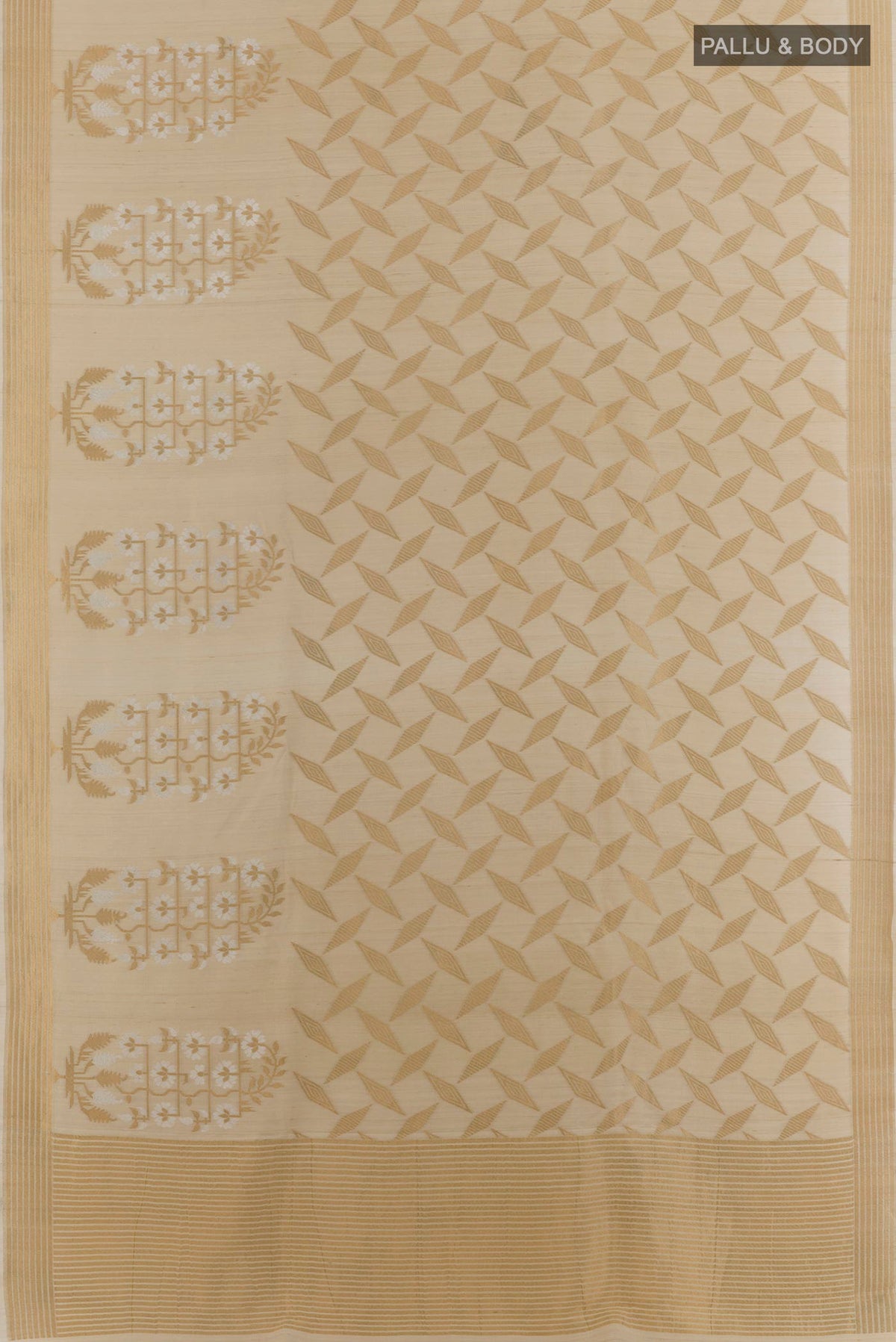 Flat view of Beige Banarasi Tussar Saree with Zari Brocade on the body and Zari Border. 