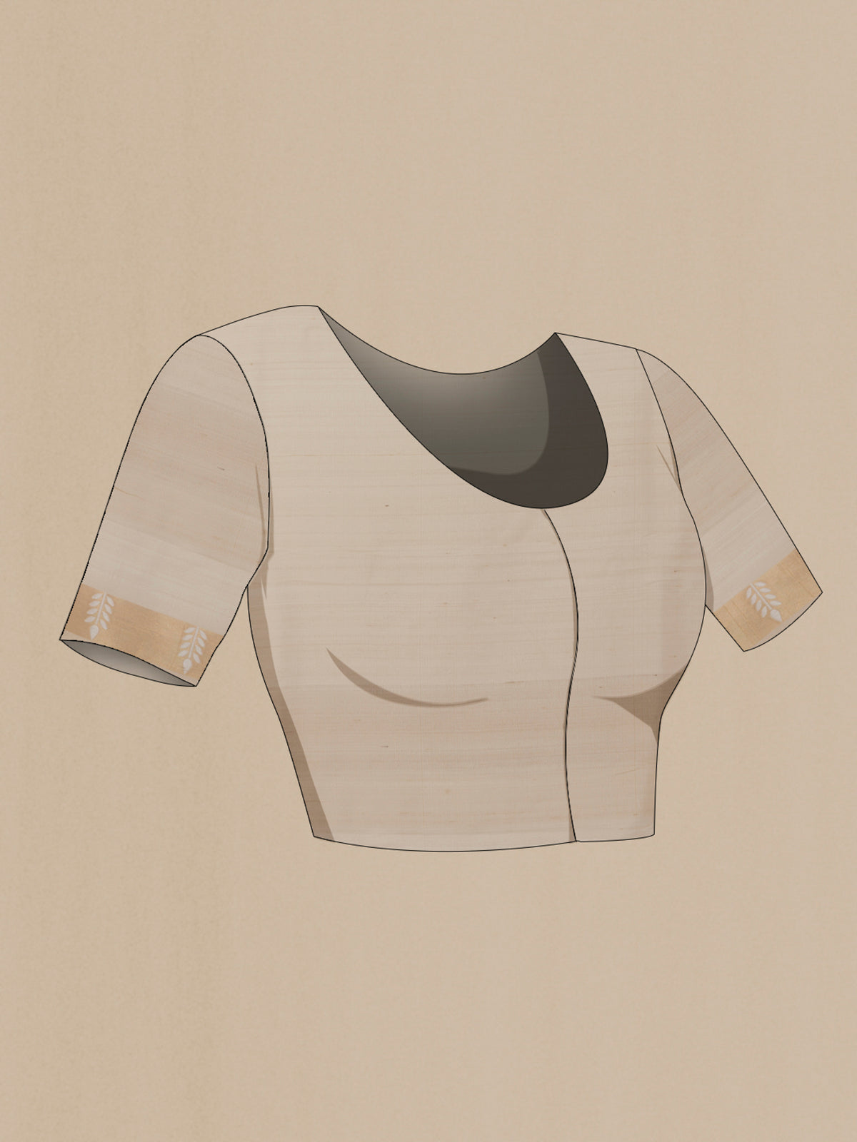 Close up image of the blouse of Off White Tussar Saree with Zari Butta on the body and Zari Border. 