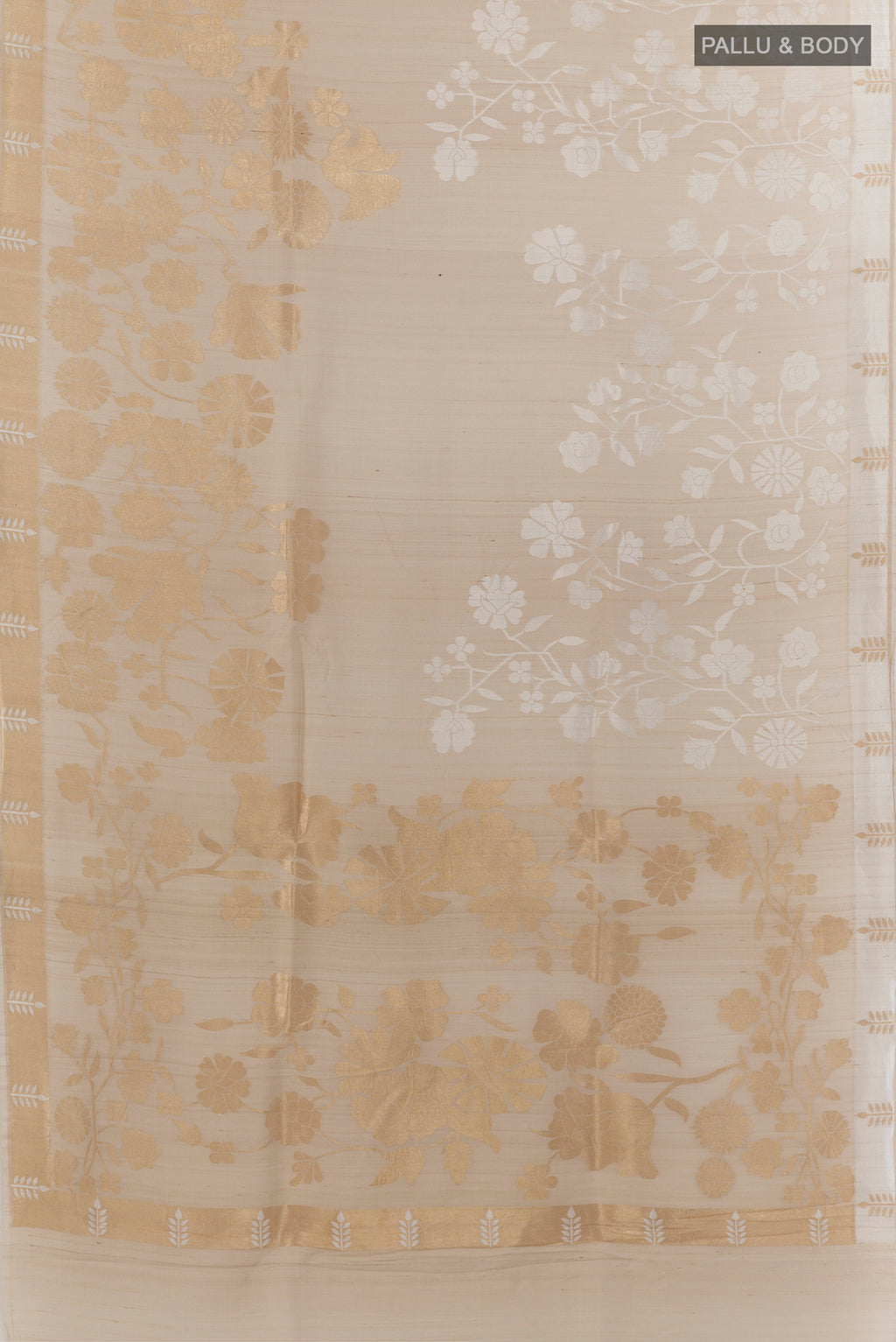 Flat view of Off White Tussar Saree with Zari Butta on the body and Zari Border. 