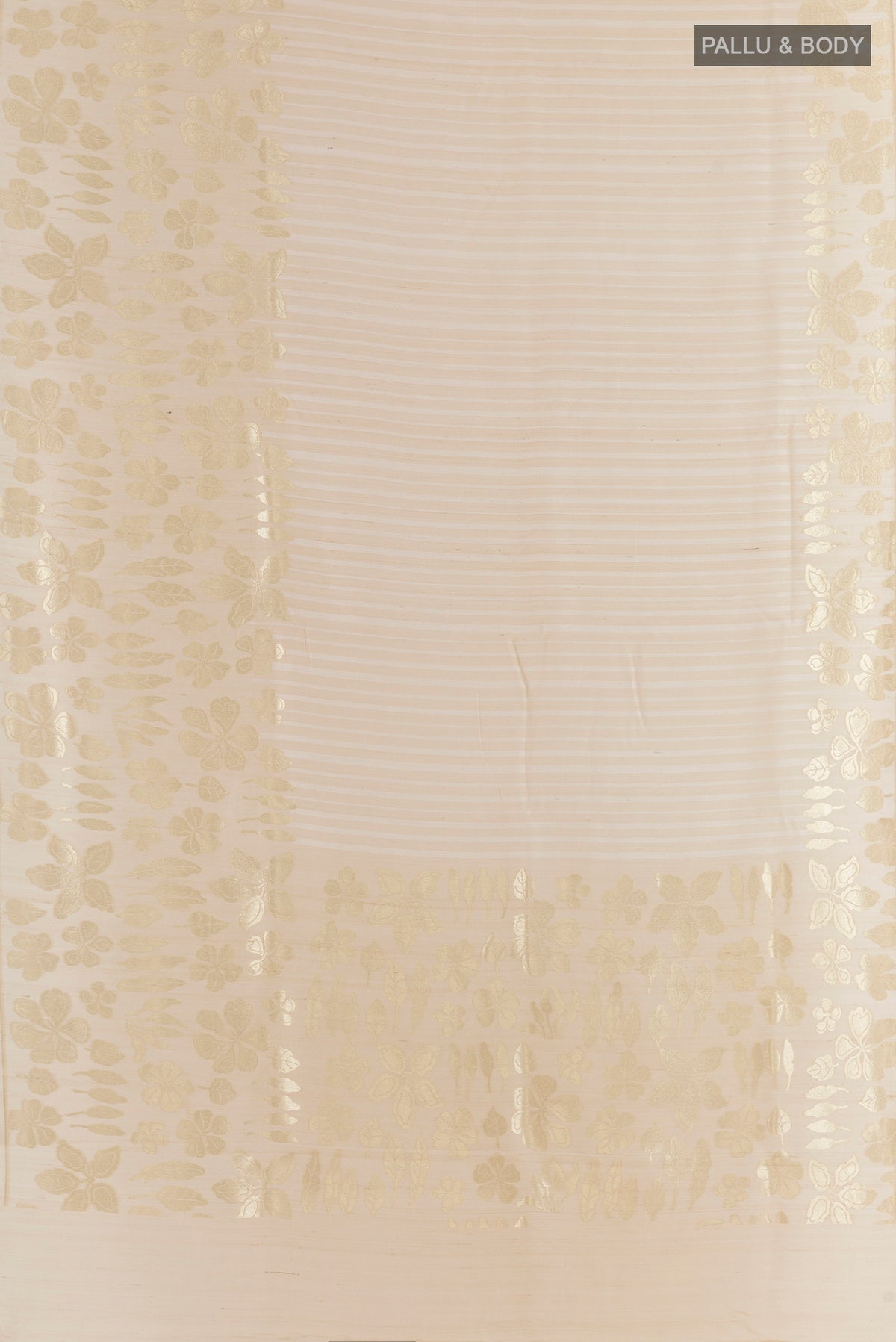 Flat view of Off White Banarasi Tussar Saree with Stripes on the body and Zari Border. 