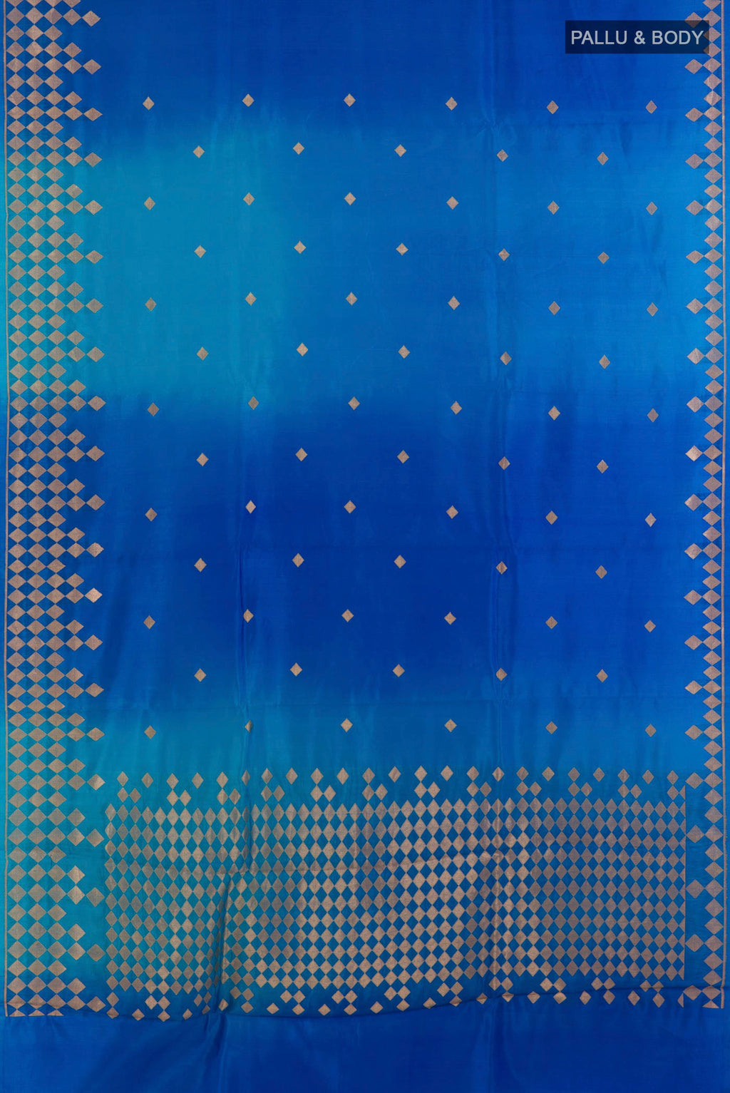 Flat view of Pure Silk Royal Blue Banarasi Katan Saree with Zari Butta on the body and Zari Border. 
