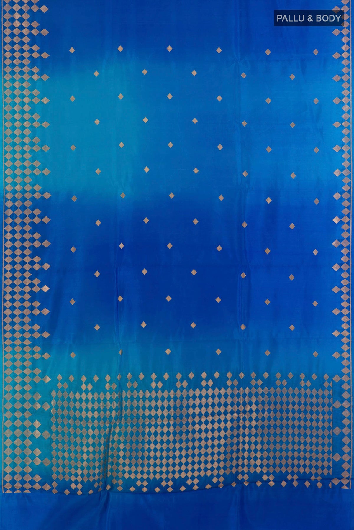 Flat view of Pure Silk Royal Blue Banarasi Katan Saree with Zari Butta on the body and Zari Border. 