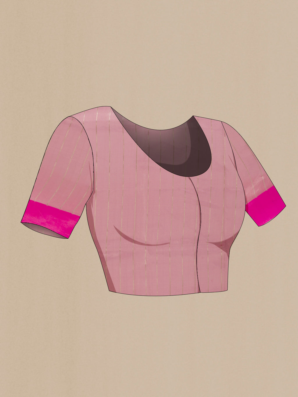 Close up image of the blouse of Pure Silk Pink Banarasi Kora Saree with Stripes on the body and Zari Border. 