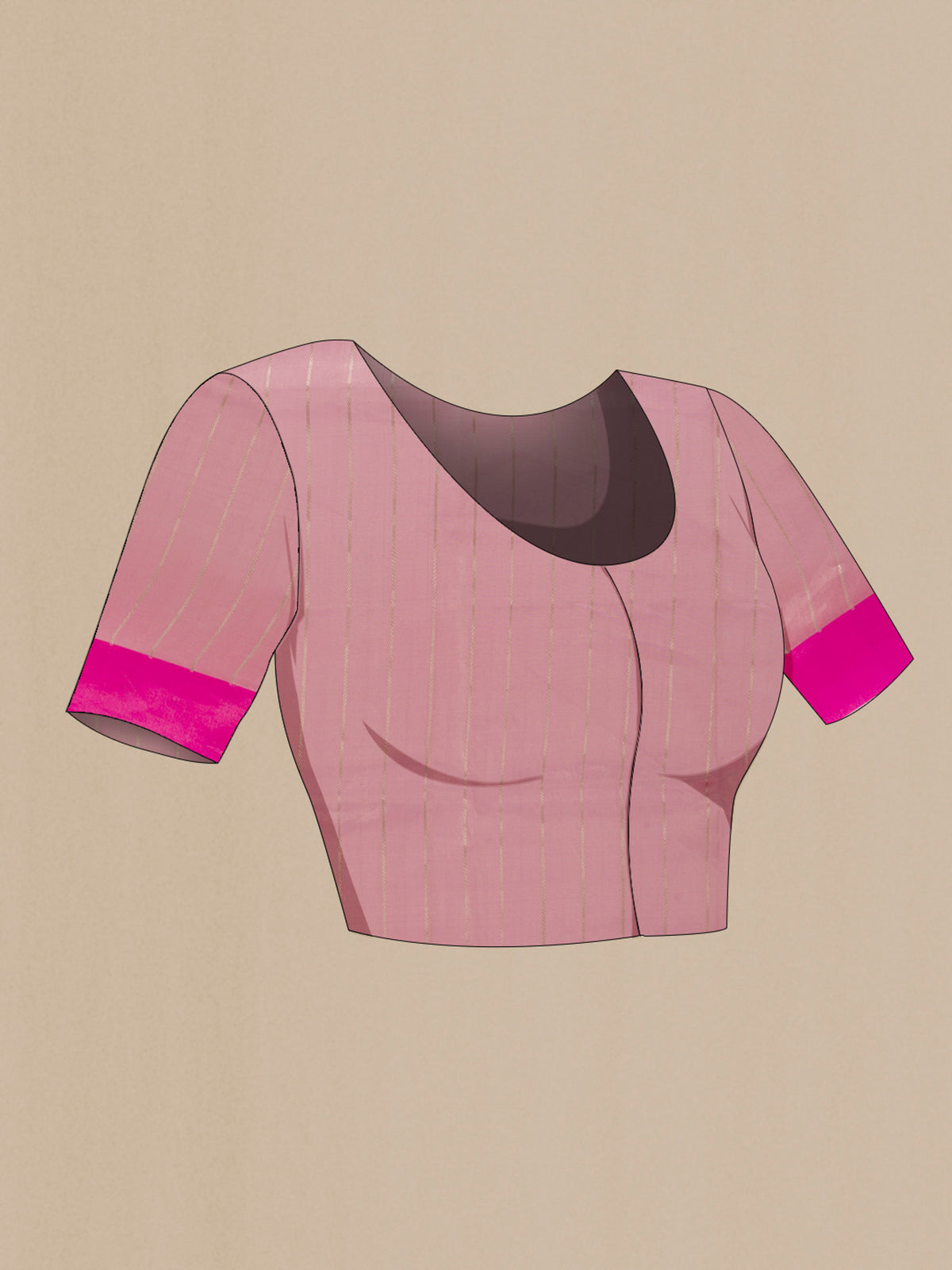 Close up image of the blouse of Pure Silk Pink Banarasi Kora Saree with Stripes on the body and Zari Border. 