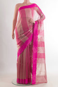 Pure Silk Pink Banarasi Kora Saree with Stripes on the body and Zari Border.  displayed on a mannequin