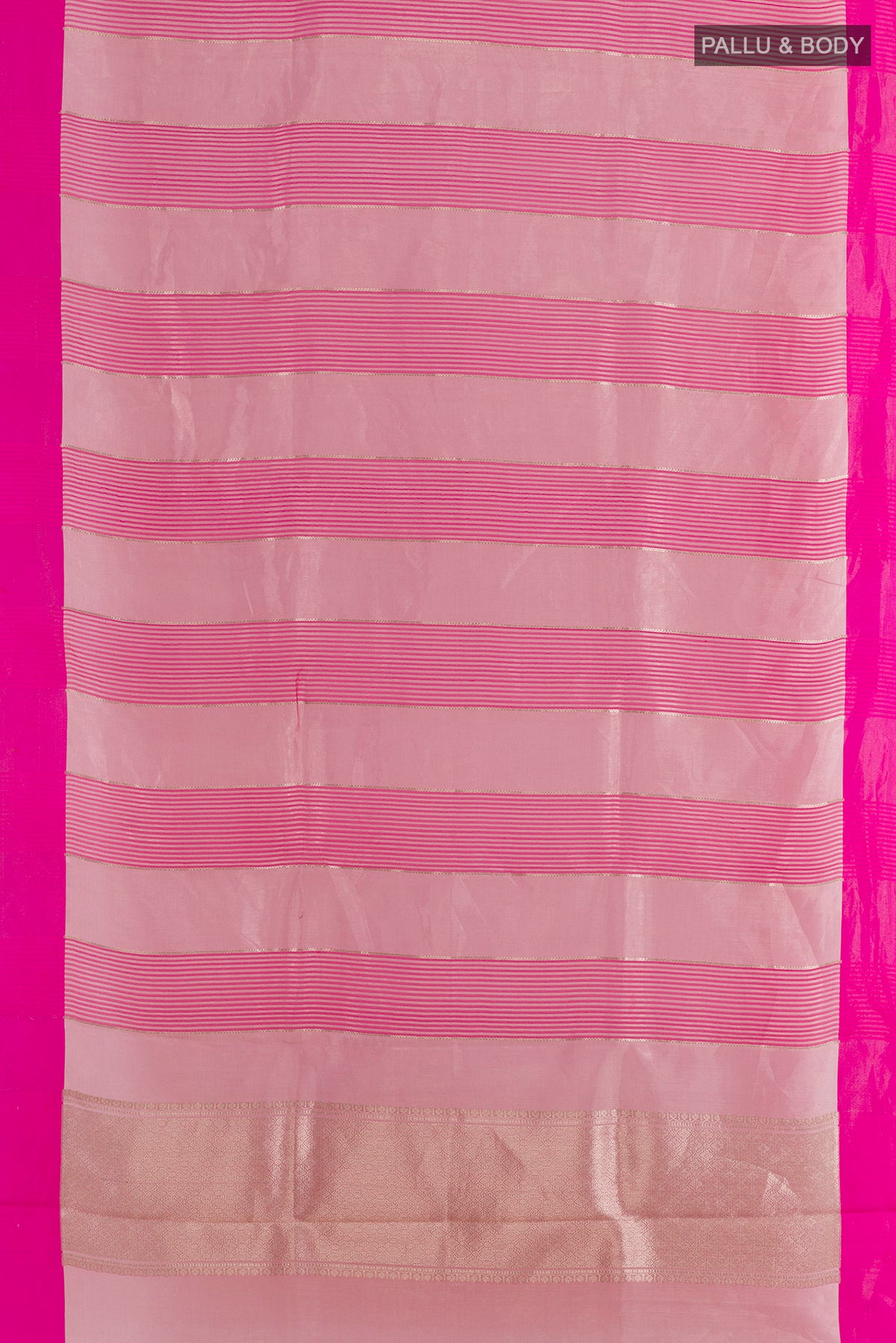 Flat view of Pure Silk Pink Banarasi Kora Saree with Stripes on the body and Zari Border. 