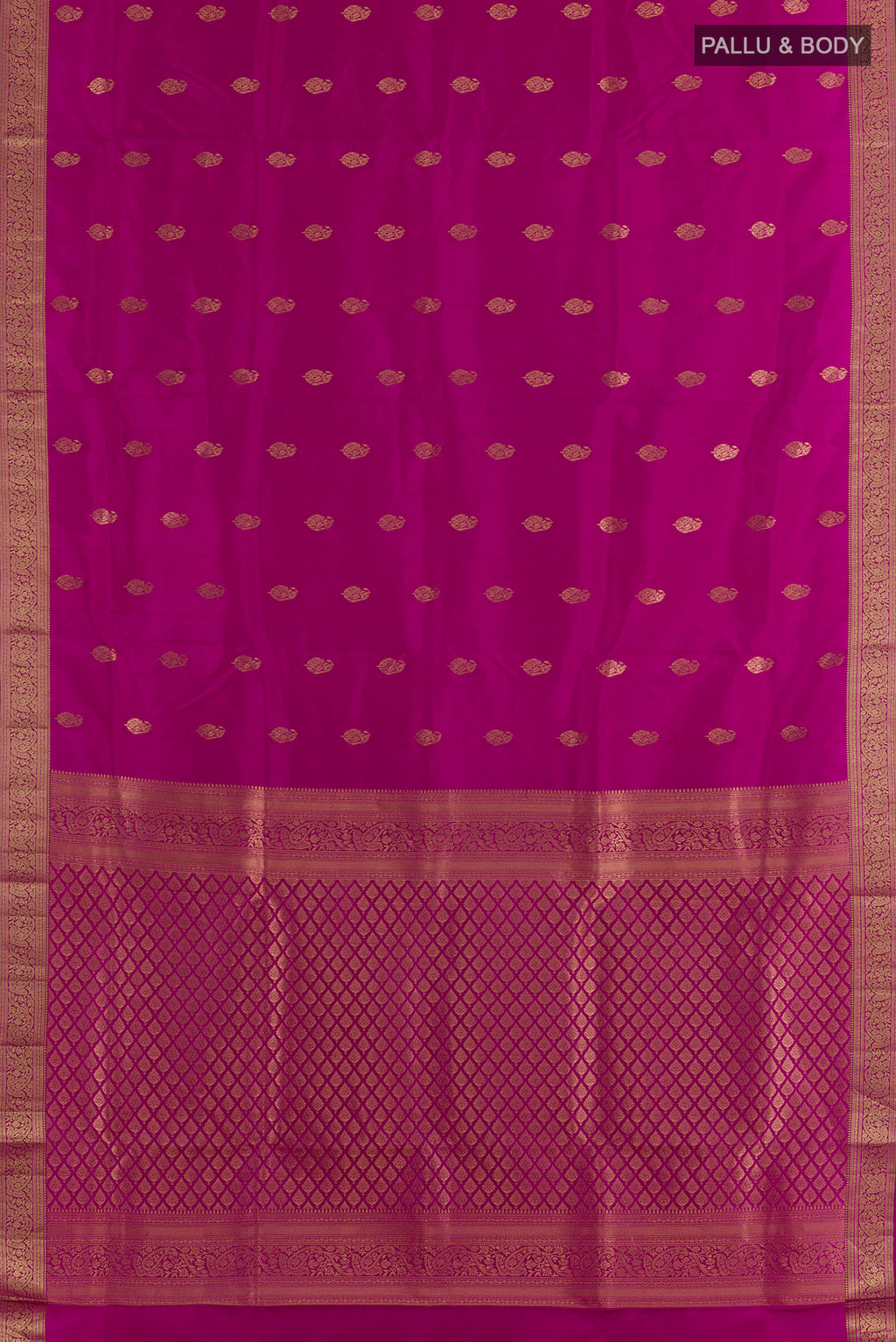 Flat view of Pure Silk Magenta Soft Saree with Zari Butta on the body and Zari Border. 