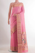 Pure Silk Pink Soft Saree with Zari Butta on the body and Paithani Border.  displayed on a mannequin