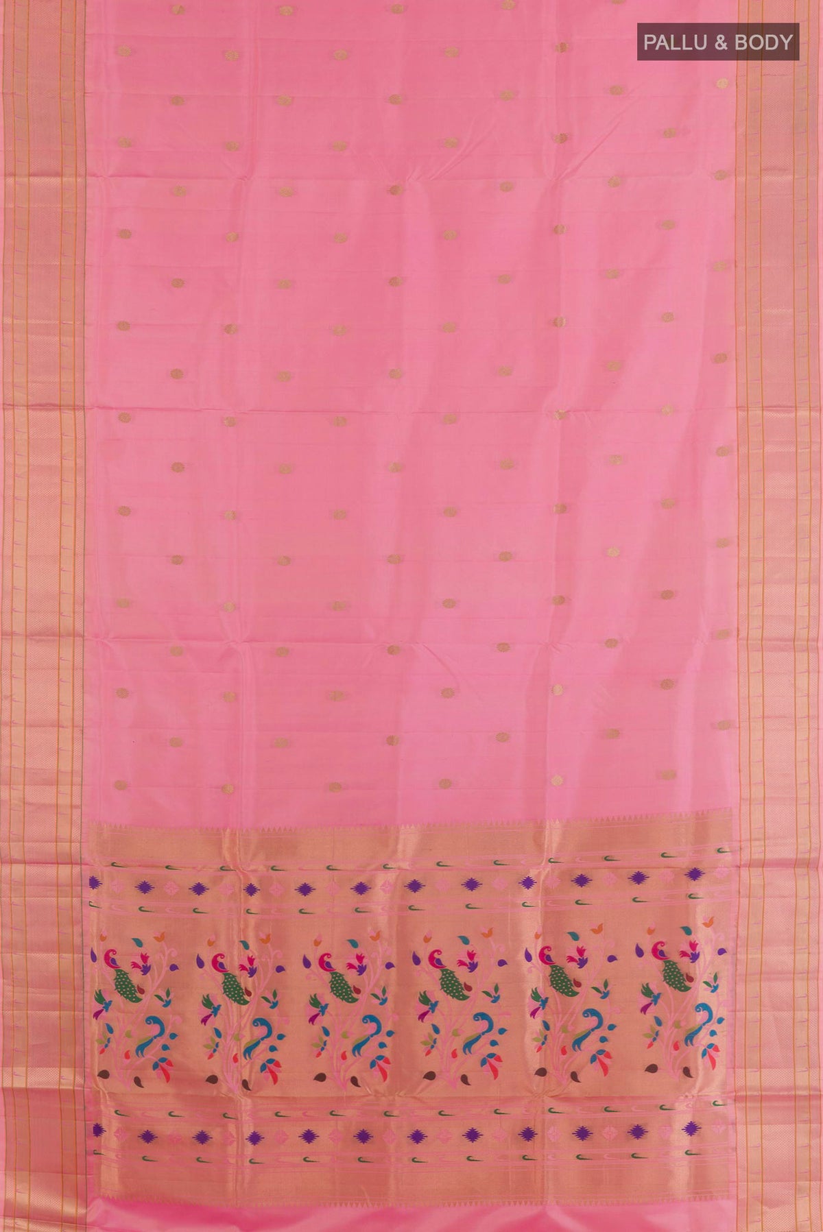 Flat view of Pure Silk Pink Soft Saree with Zari Butta on the body and Paithani Border. 