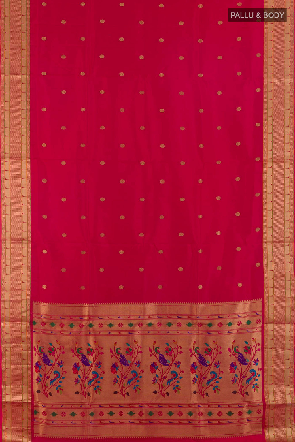 Flat view of Pure Silk Red Soft Saree with Zari Butta on the body and Paithani Border. 